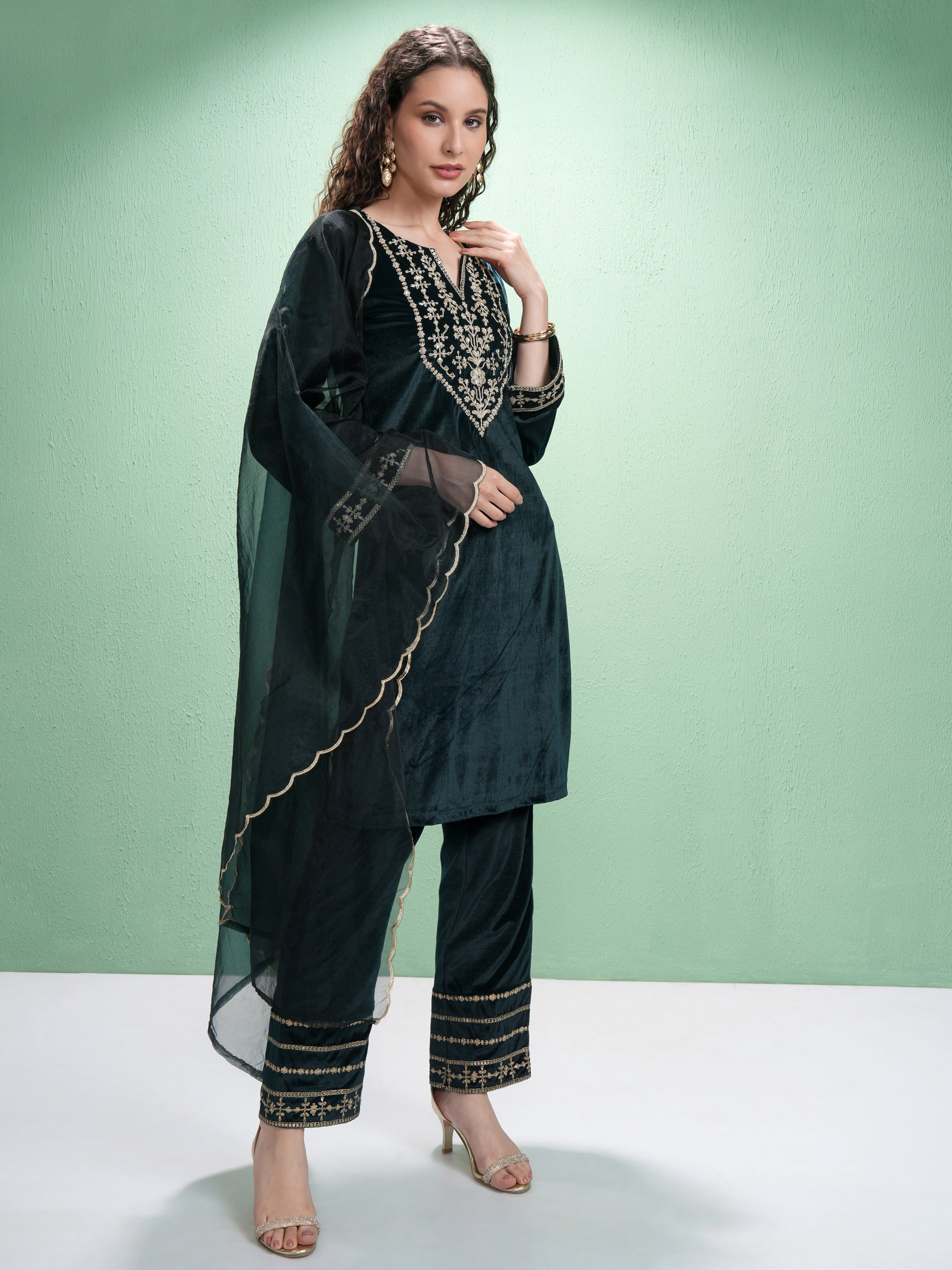 Vishudh Women Green Embroidered Kurta With Trouser And Dupatta - Green - Image 6
