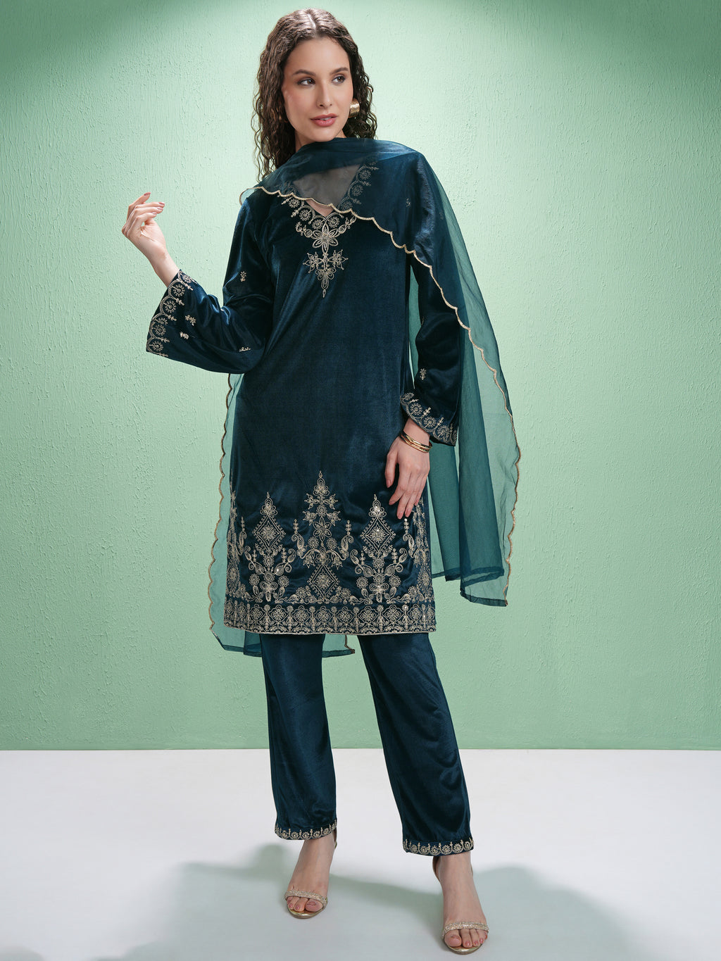 Vishudh Women Teal Embroidered Kurta With Trouser And Dupatta - Teal - Image 1