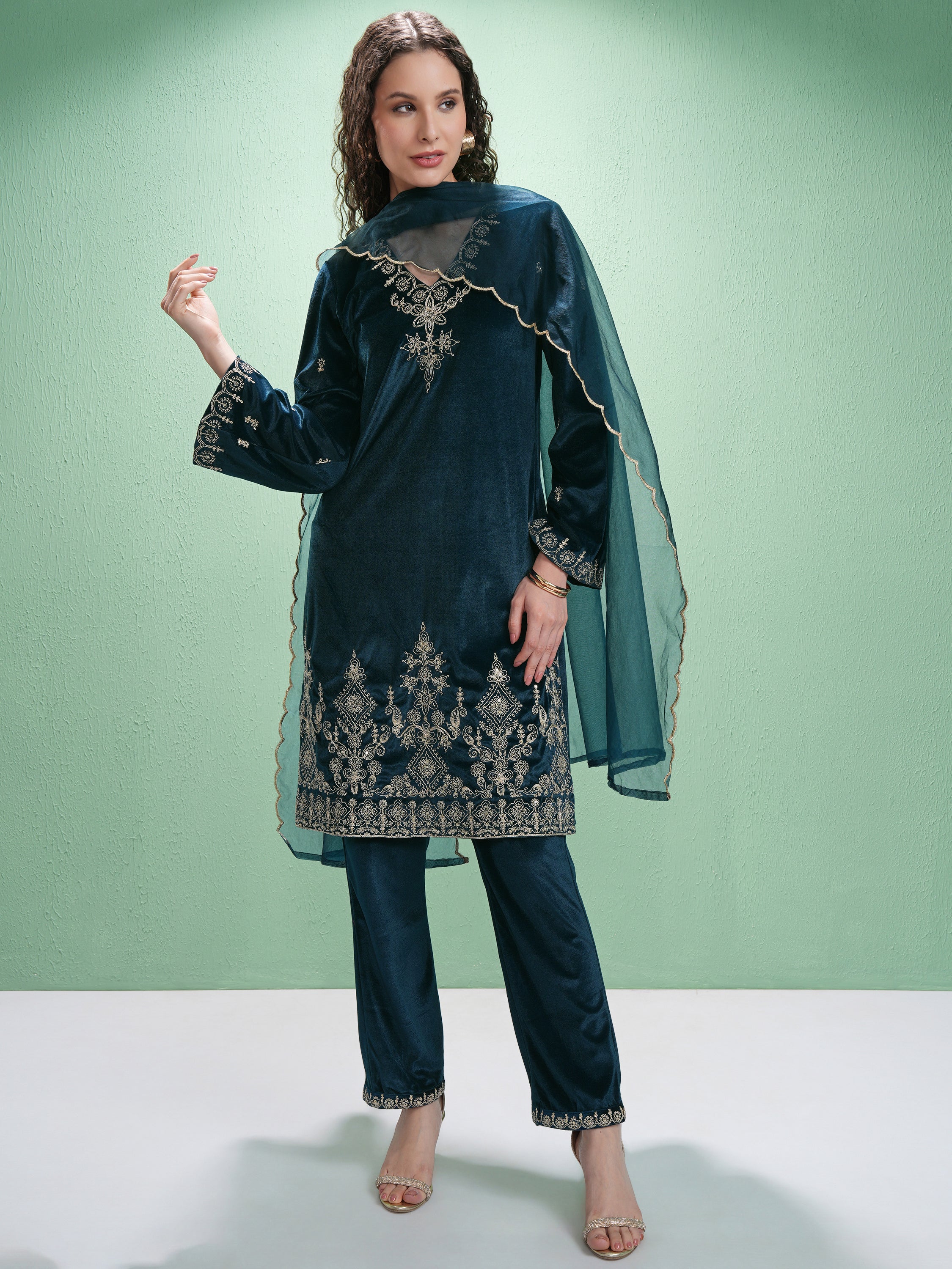 Vishudh Women Teal Embroidered Kurta With Trouser And Dupatta - Teal - Image 1