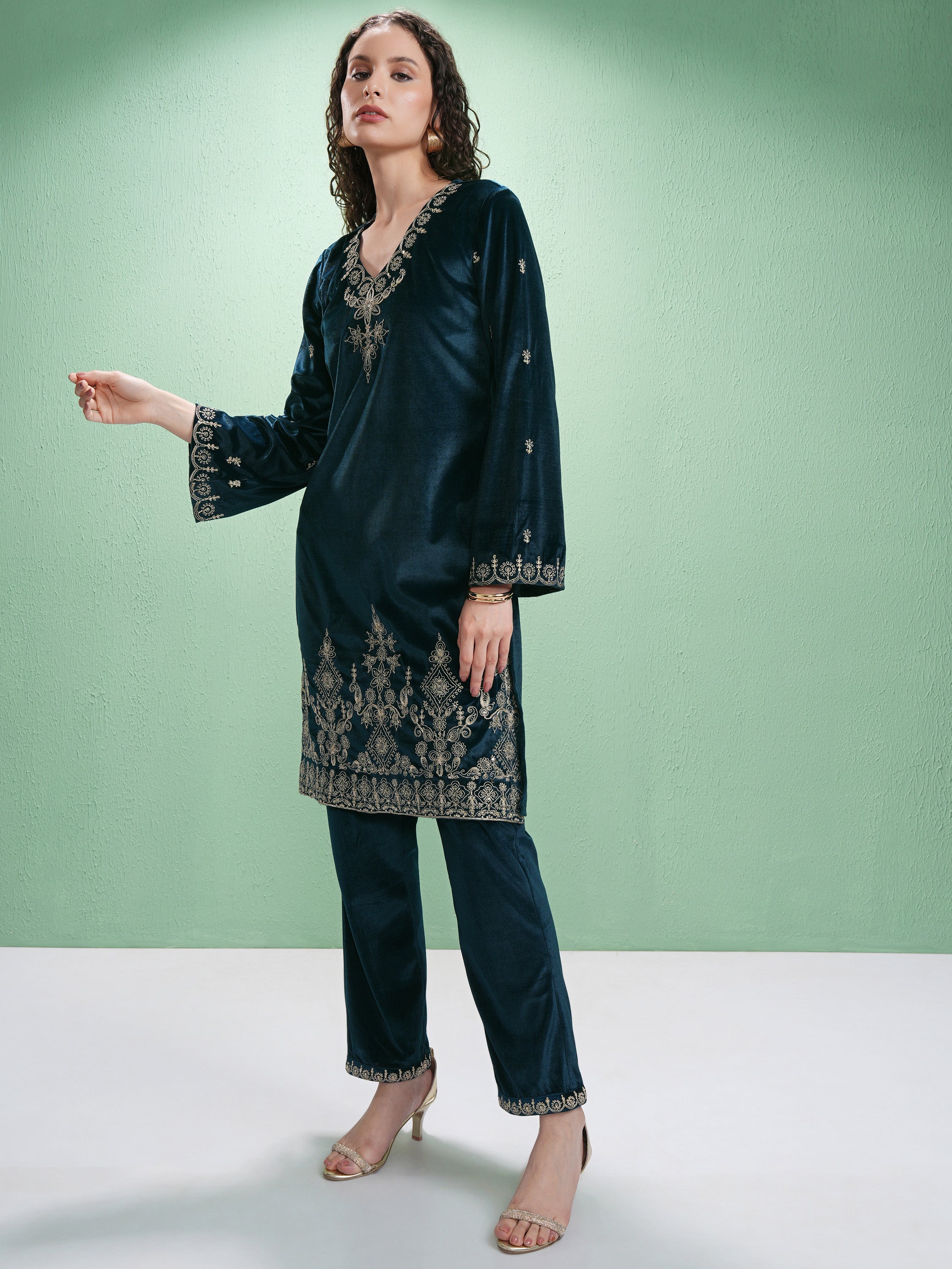 Vishudh Women Teal Embroidered Kurta With Trouser And Dupatta - Teal - Image 2