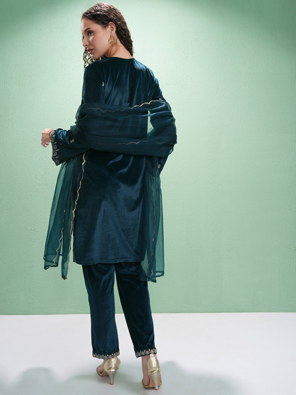 Vishudh Women Teal Embroidered Kurta With Trouser And Dupatta - Teal - Image 3