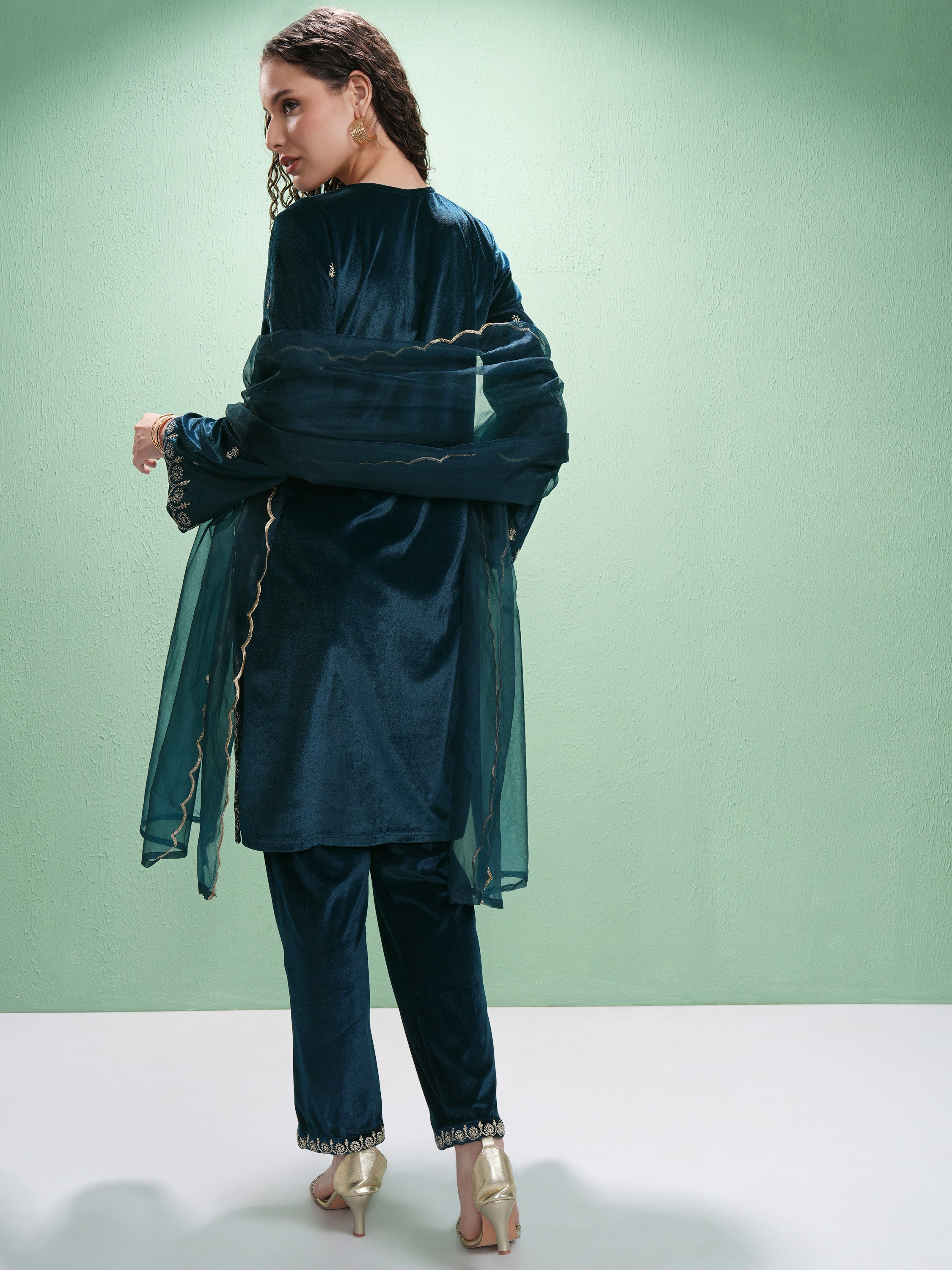 Vishudh Women Teal Embroidered Kurta With Trouser And Dupatta - Teal - Image 3