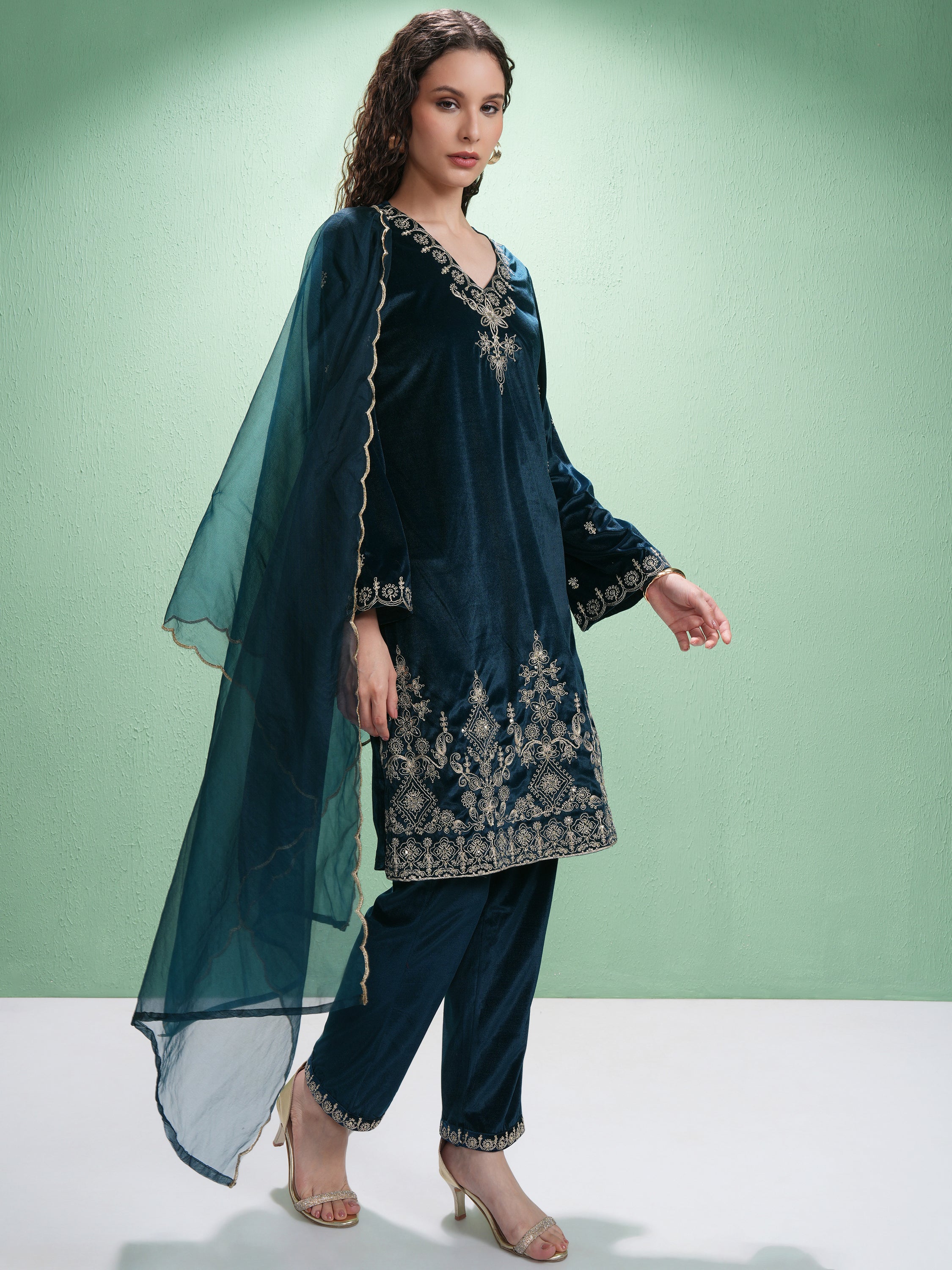 Vishudh Women Teal Embroidered Kurta With Trouser And Dupatta - Teal - Image 4
