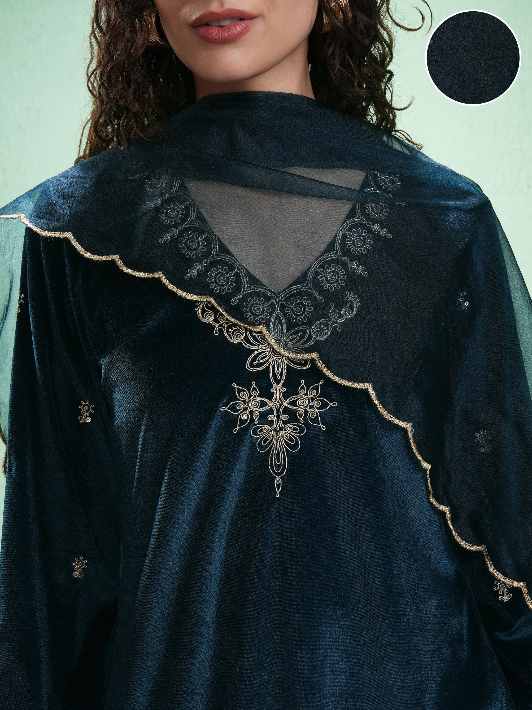 Vishudh Women Teal Embroidered Kurta With Trouser And Dupatta - Teal - Image 5