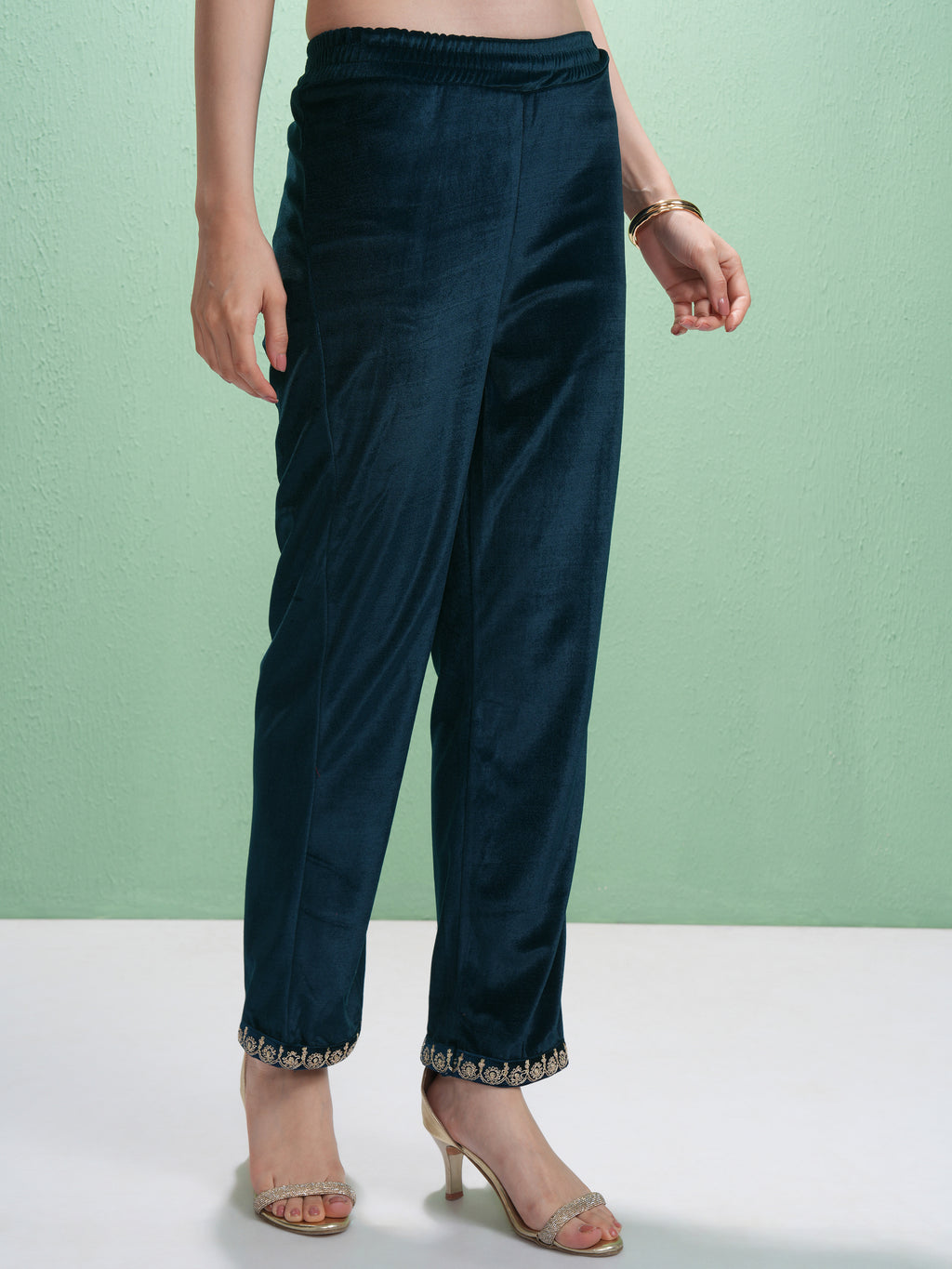 Vishudh Women Teal Embroidered Kurta With Trouser And Dupatta - Teal - Image 7