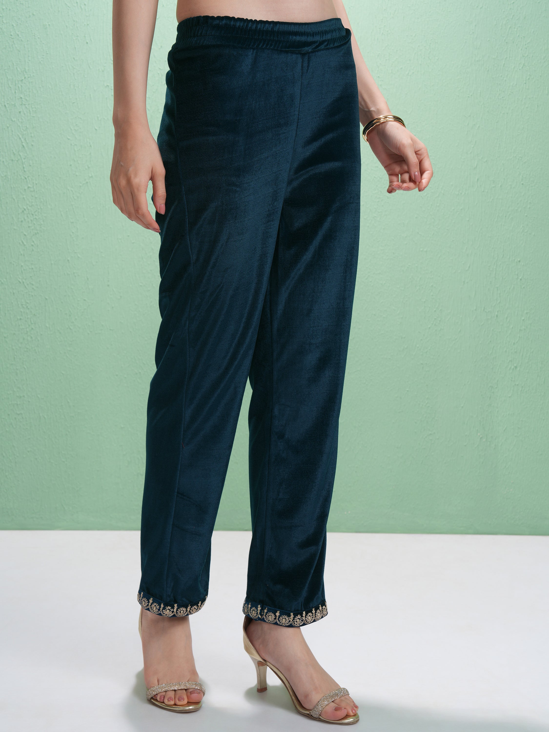 Vishudh Women Teal Embroidered Kurta With Trouser And Dupatta - Teal - Image 7