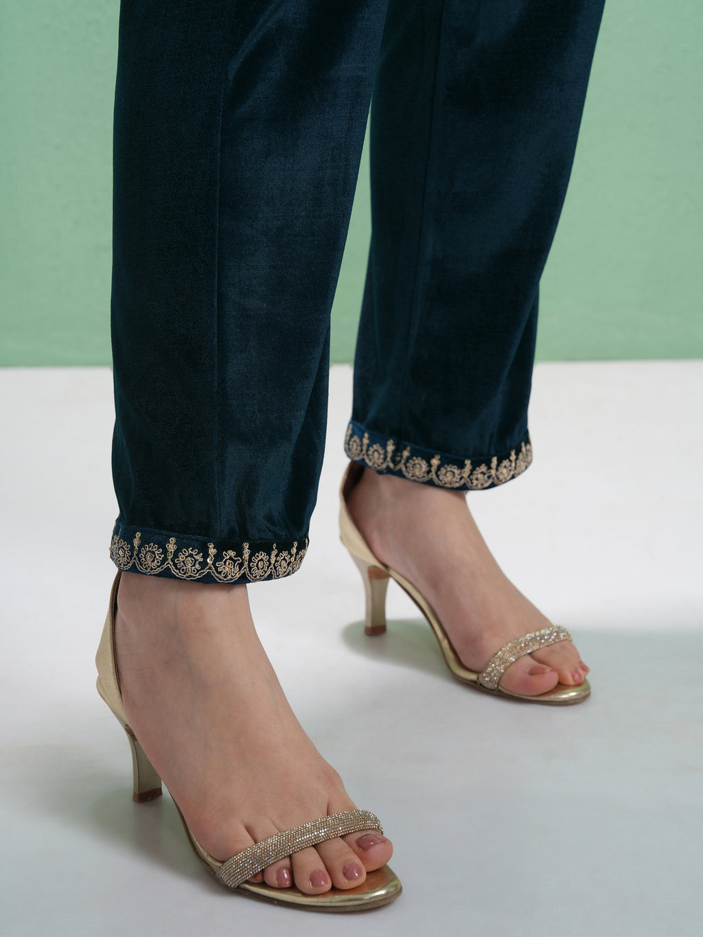 Vishudh Women Teal Embroidered Kurta With Trouser And Dupatta - Teal - Image 8