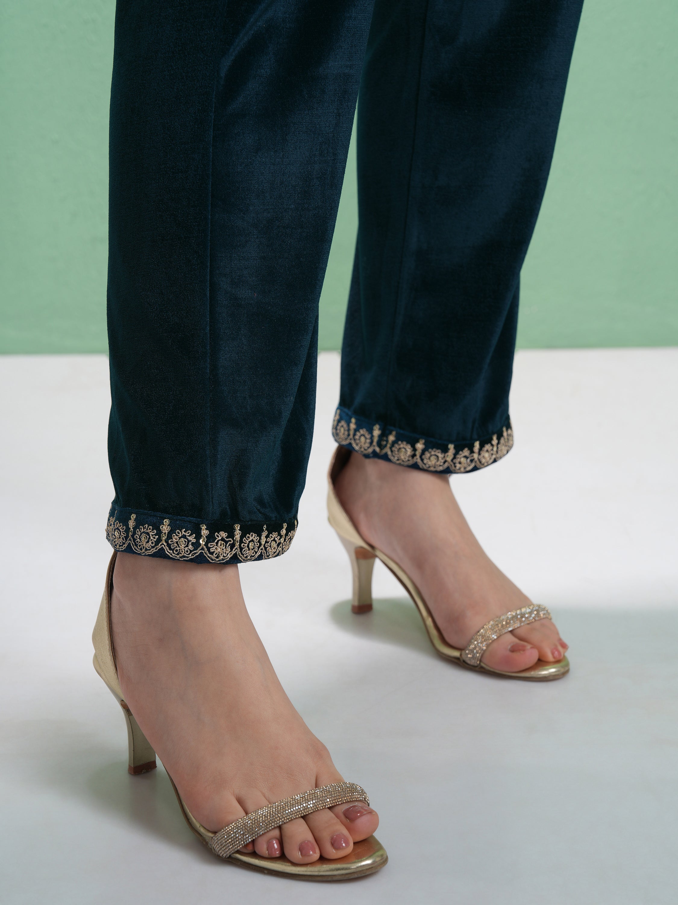Vishudh Women Teal Embroidered Kurta With Trouser And Dupatta - Teal - Image 8