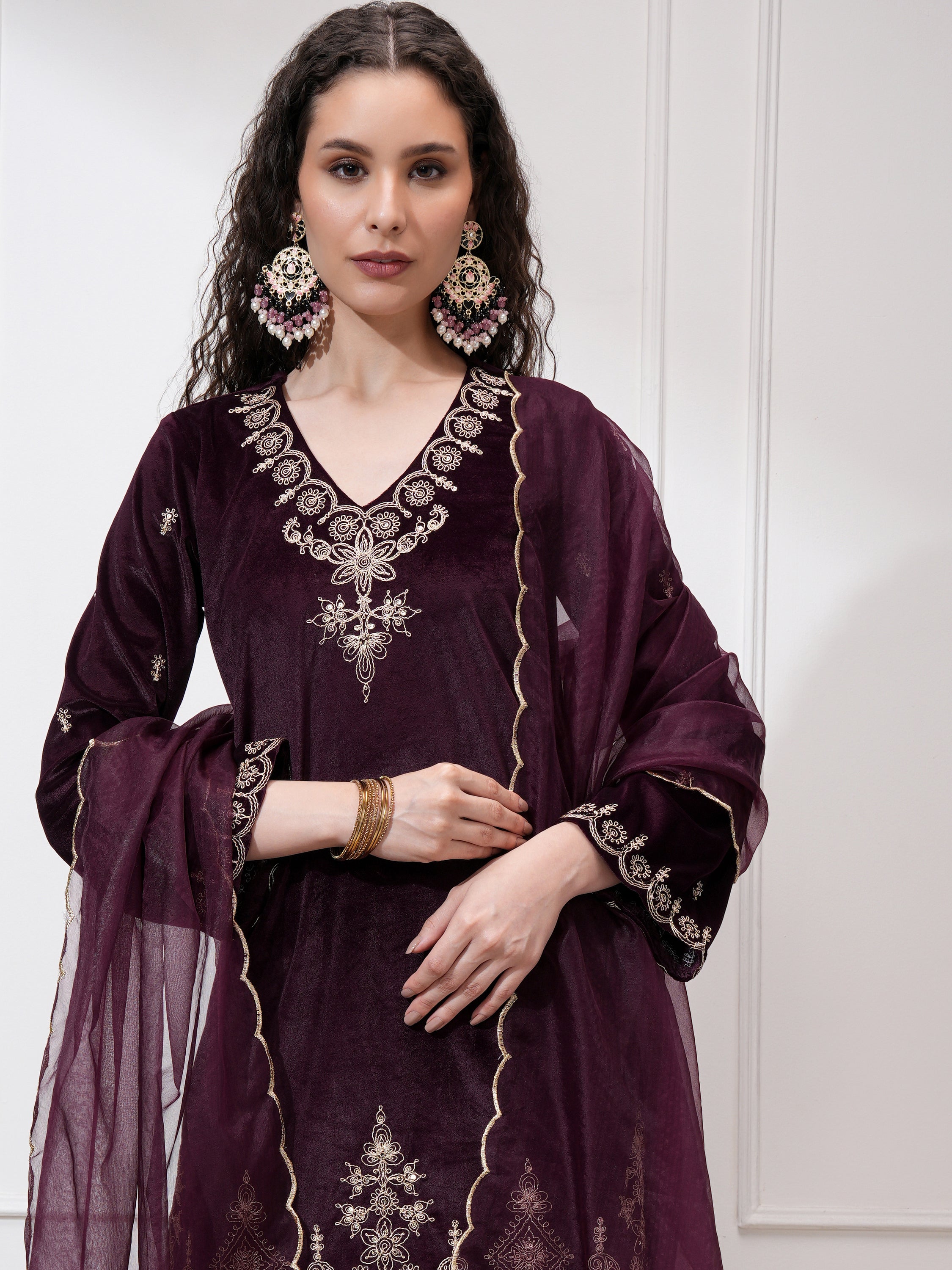 Vishudh Women Purple Kurta With Trouser And Dupatta - Purple - Image 1
