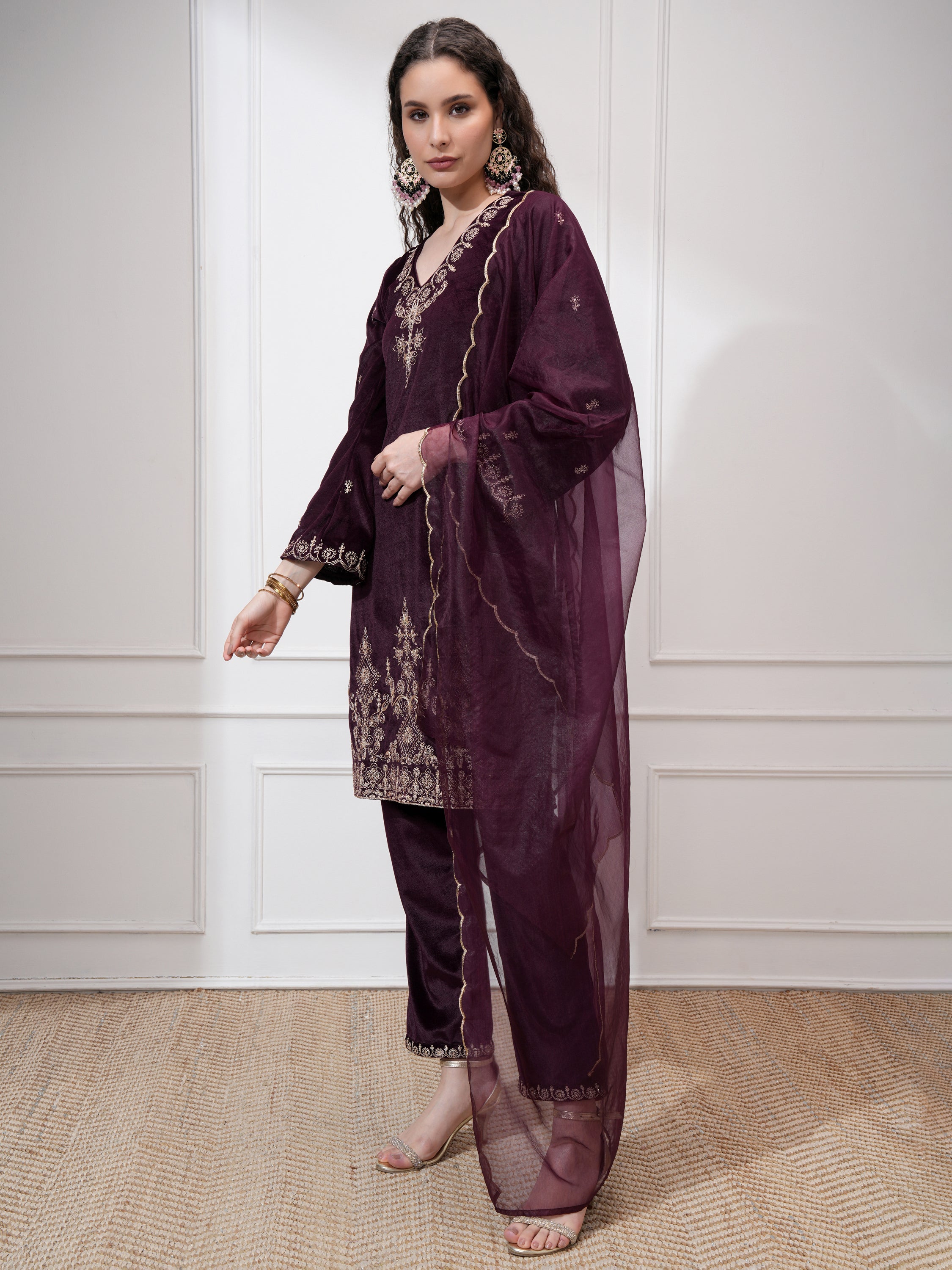Vishudh Women Purple Kurta With Trouser And Dupatta - Purple - Image 4