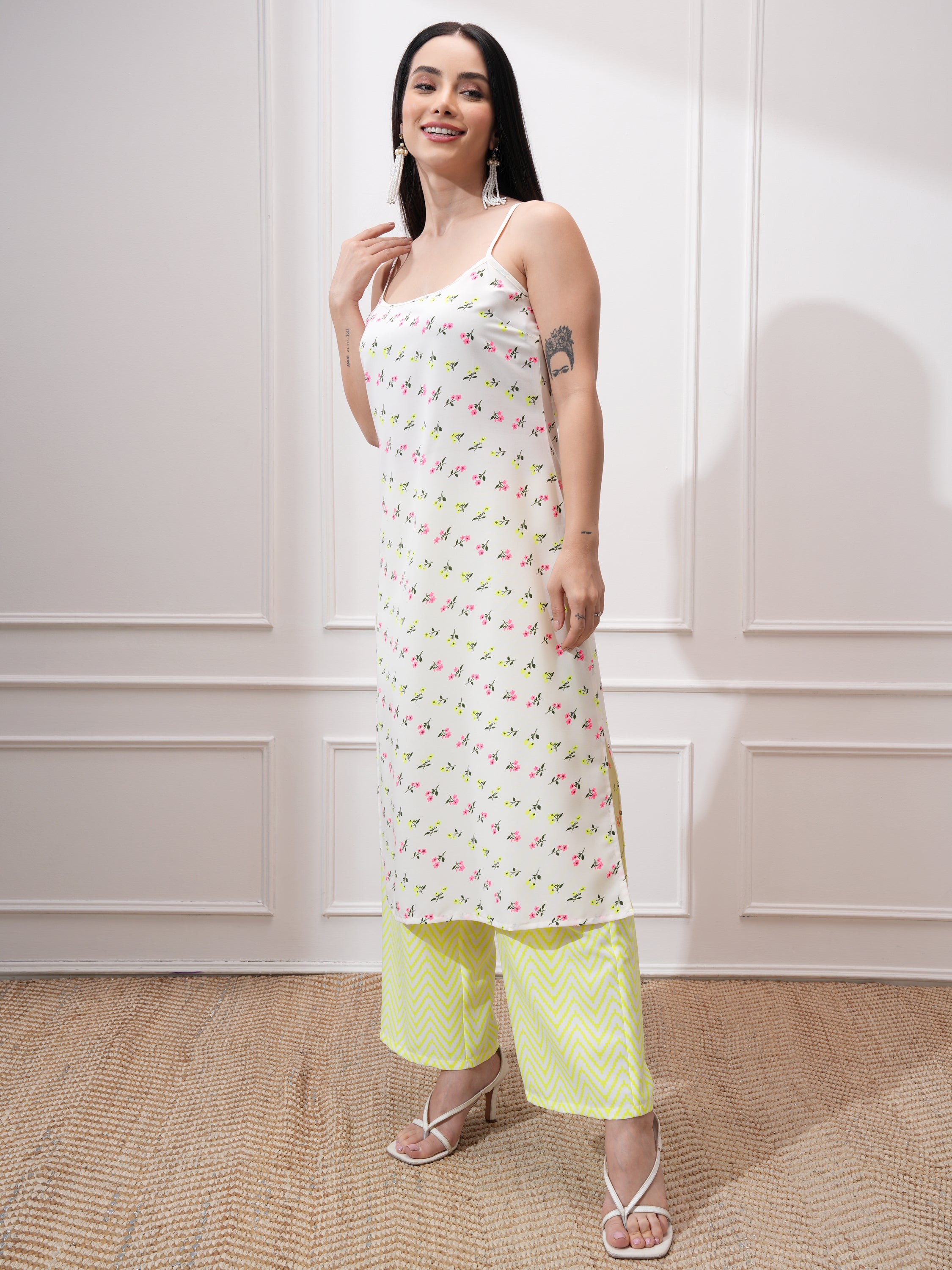 Vishudh Women Off White Printed Kurta With Palazzos - Off White - Image 4