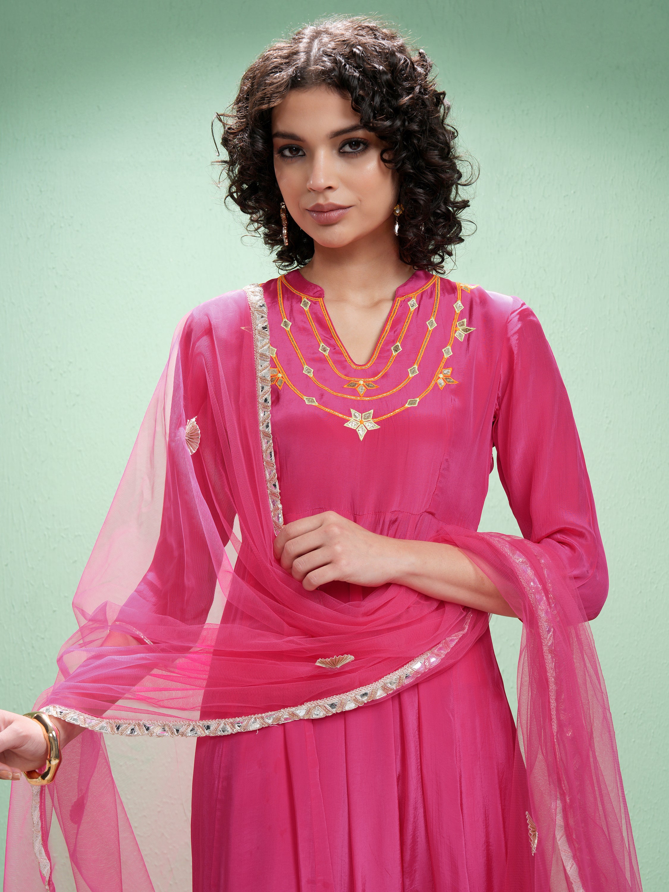 Vishudh Women Pink Embroidered Kurta With Trouser And Dupatta - Pink - Image 1