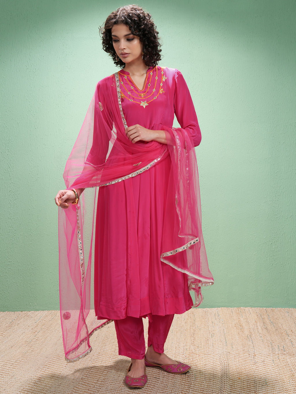 Vishudh Women Pink Embroidered Kurta With Trouser And Dupatta - Pink - Image 2