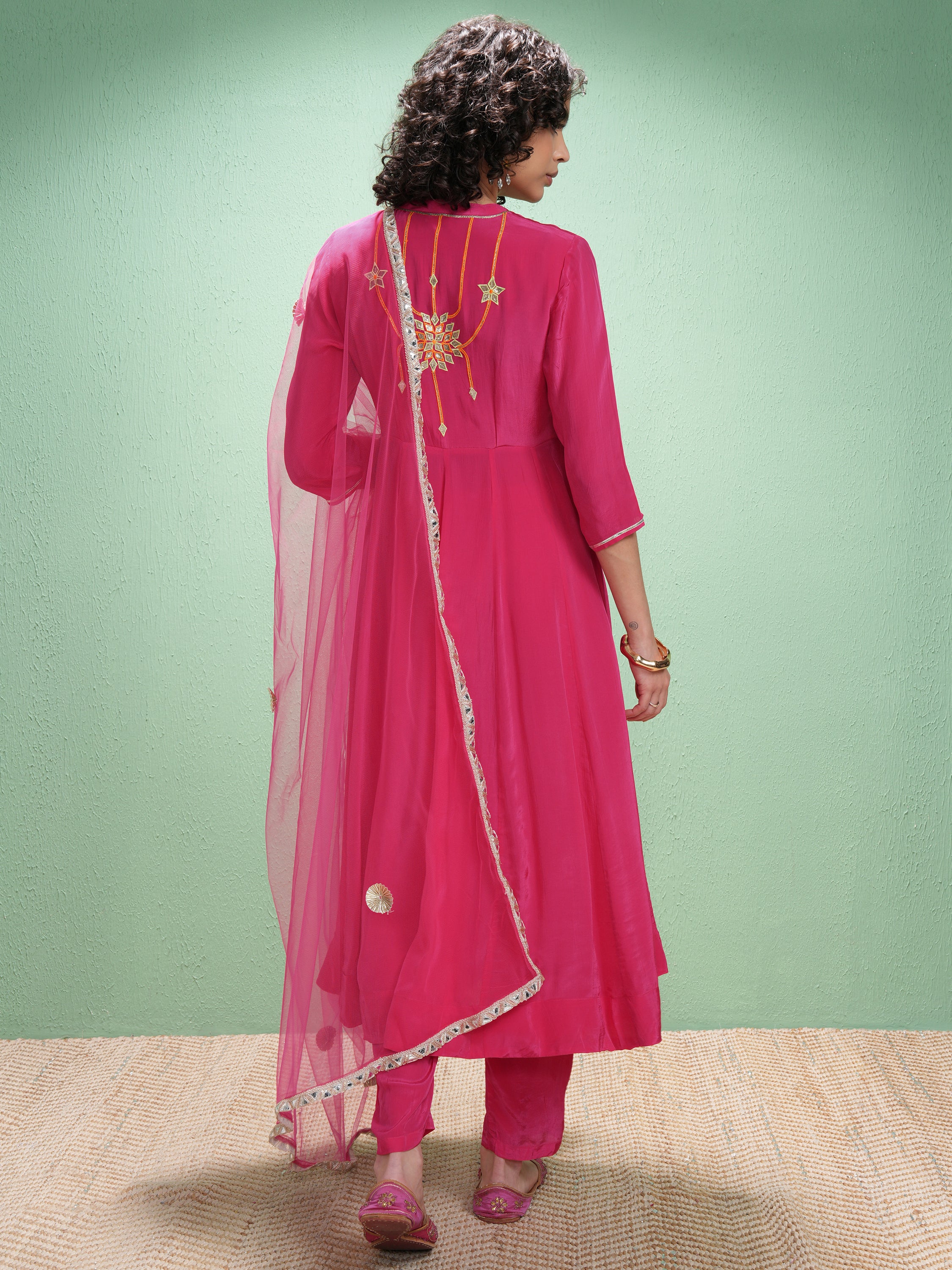 Vishudh Women Pink Embroidered Kurta With Trouser And Dupatta - Pink - Image 3