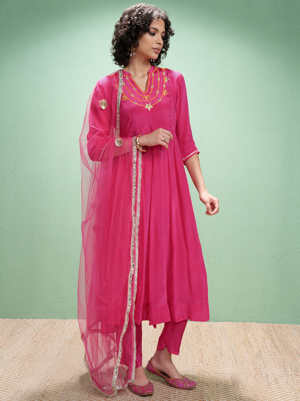 Vishudh Women Pink Embroidered Kurta With Trouser And Dupatta - Pink - Image 6