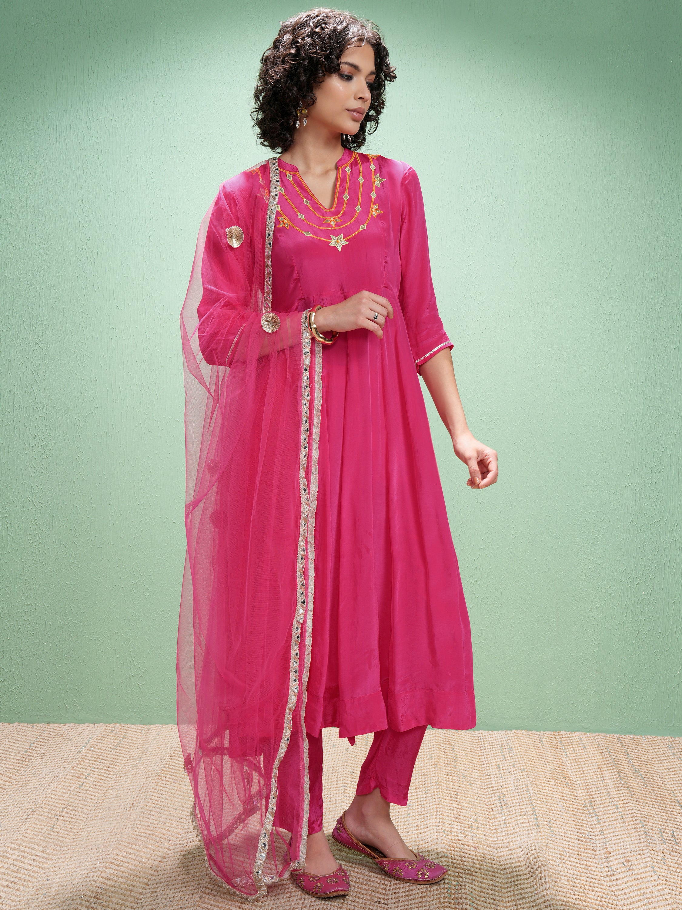Vishudh Women Pink Embroidered Kurta With Trouser And Dupatta - Pink - Image 6