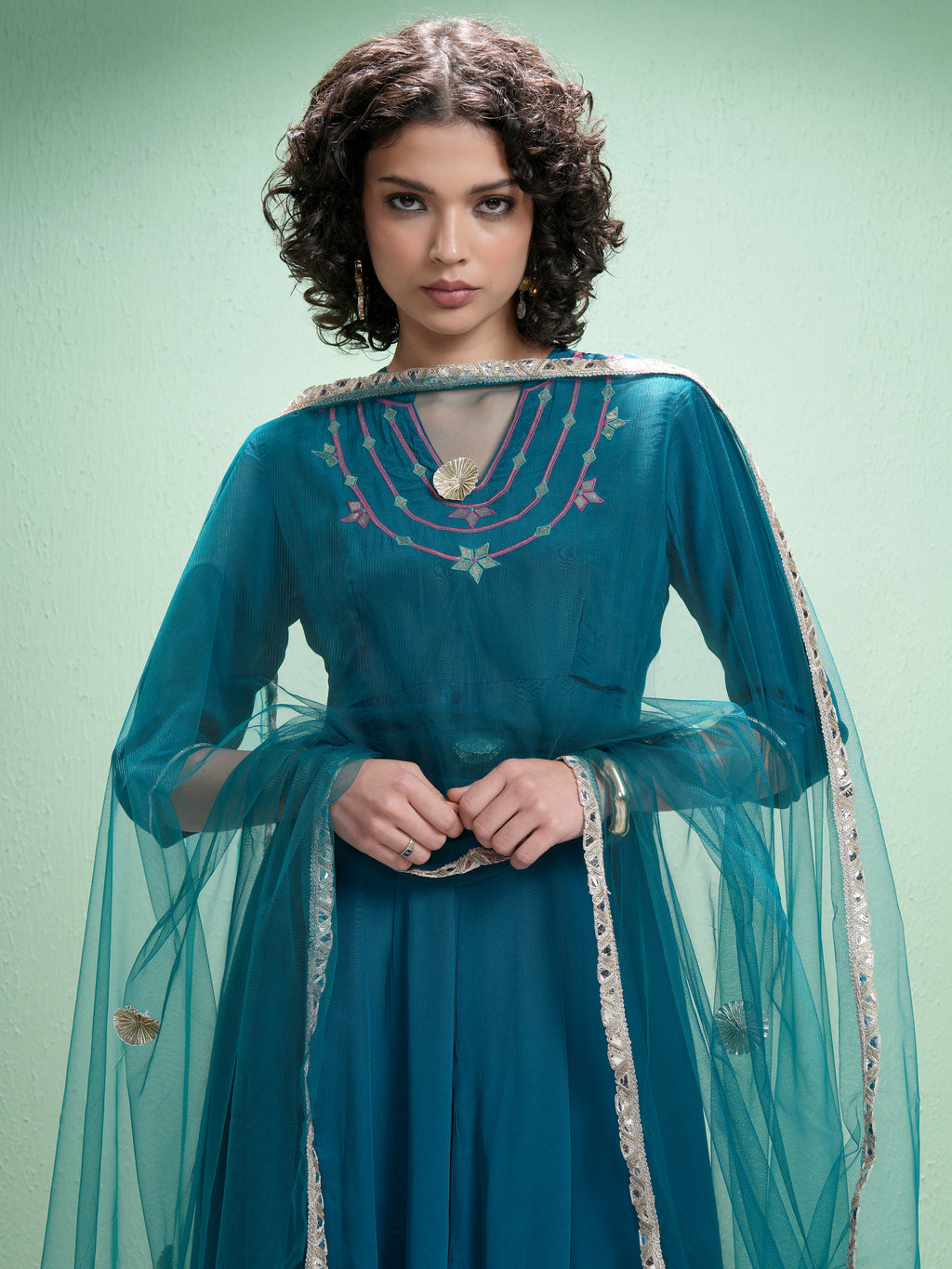 Vishudh Women Teal Embroidered Kurta With Trouser And Dupatta - Teal - Image 1