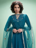 Vishudh Women Teal Embroidered Kurta With Trouser And Dupatta - Teal - Image 1
