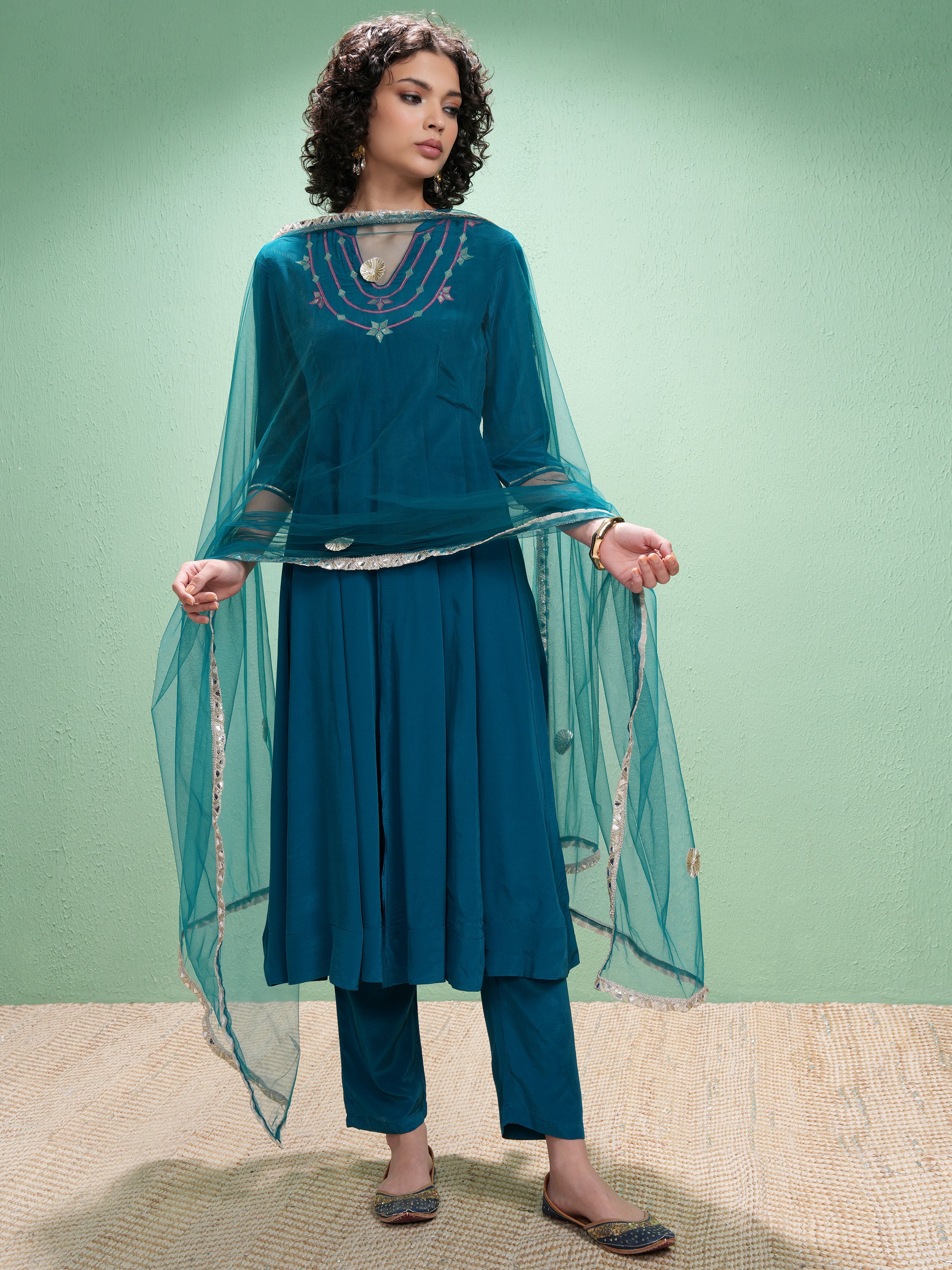 Vishudh Women Teal Embroidered Kurta With Trouser And Dupatta - Teal - Image 2