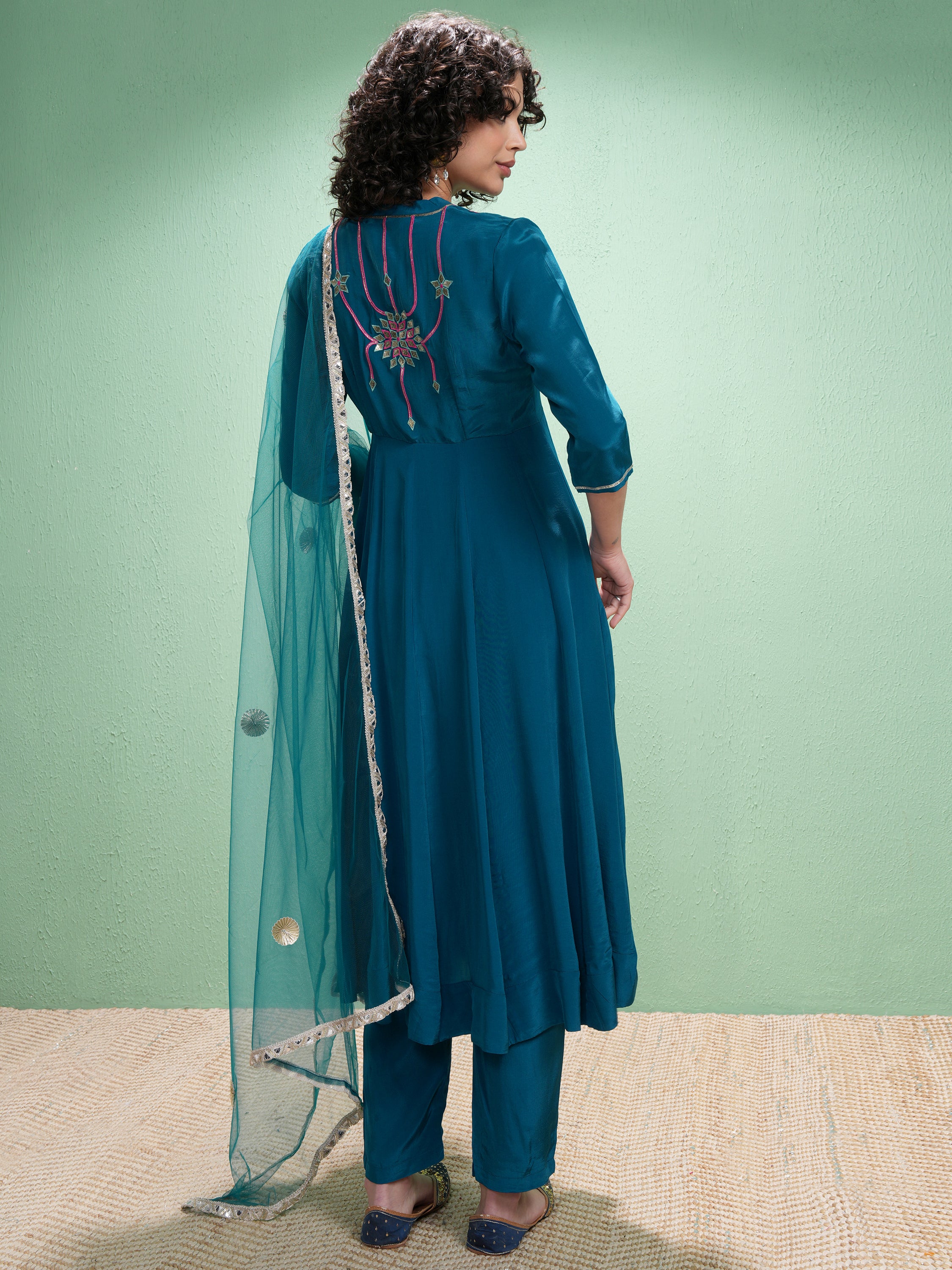 Vishudh Women Teal Embroidered Kurta With Trouser And Dupatta - Teal - Image 3