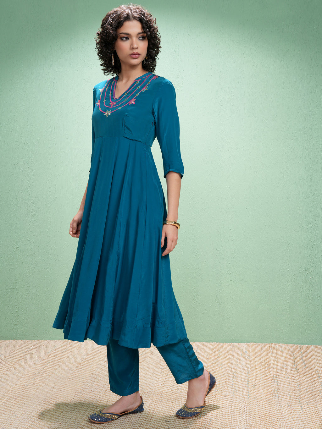 Vishudh Women Teal Embroidered Kurta With Trouser And Dupatta - Teal - Image 4