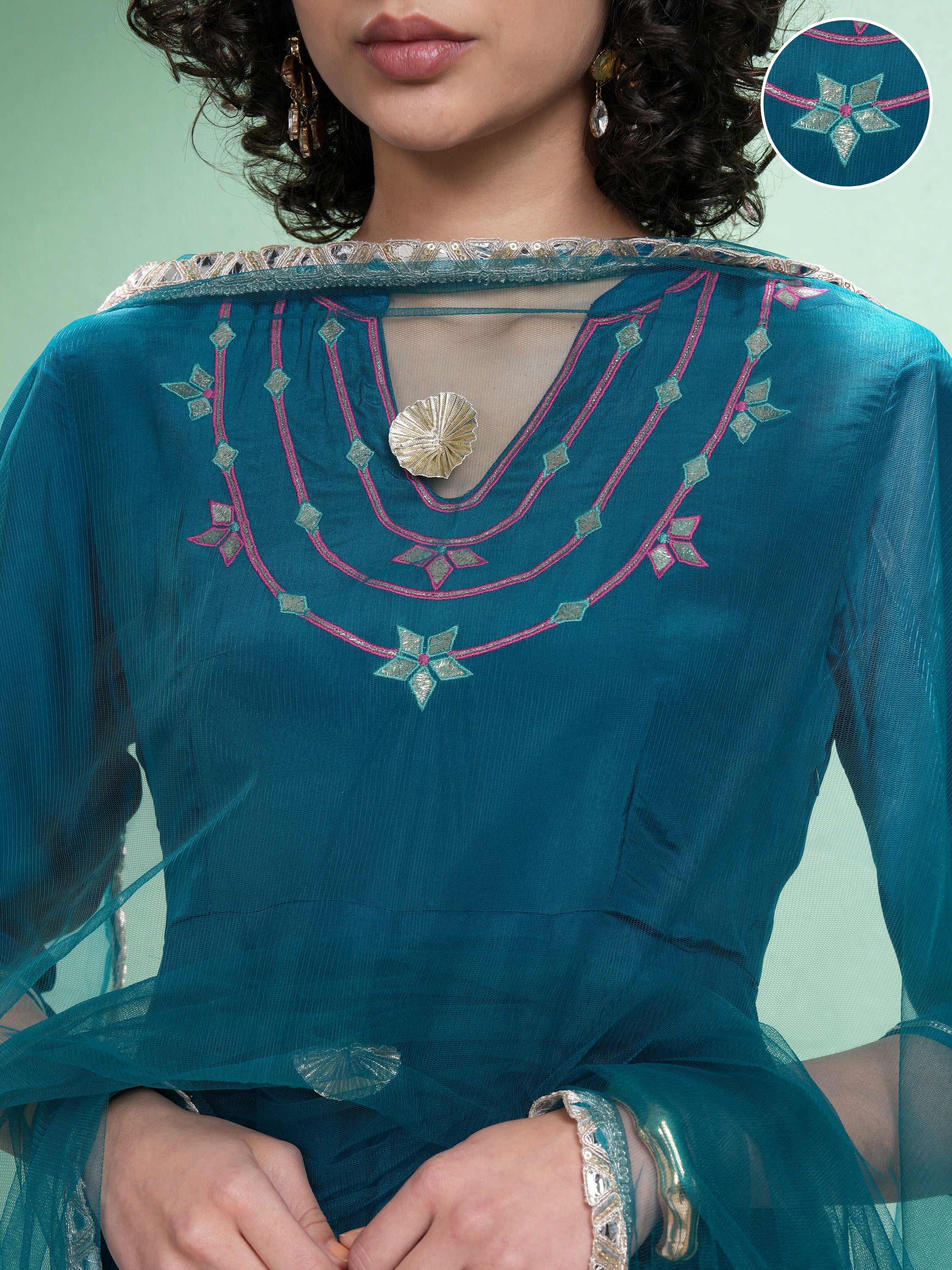Vishudh Women Teal Embroidered Kurta With Trouser And Dupatta - Teal - Image 5