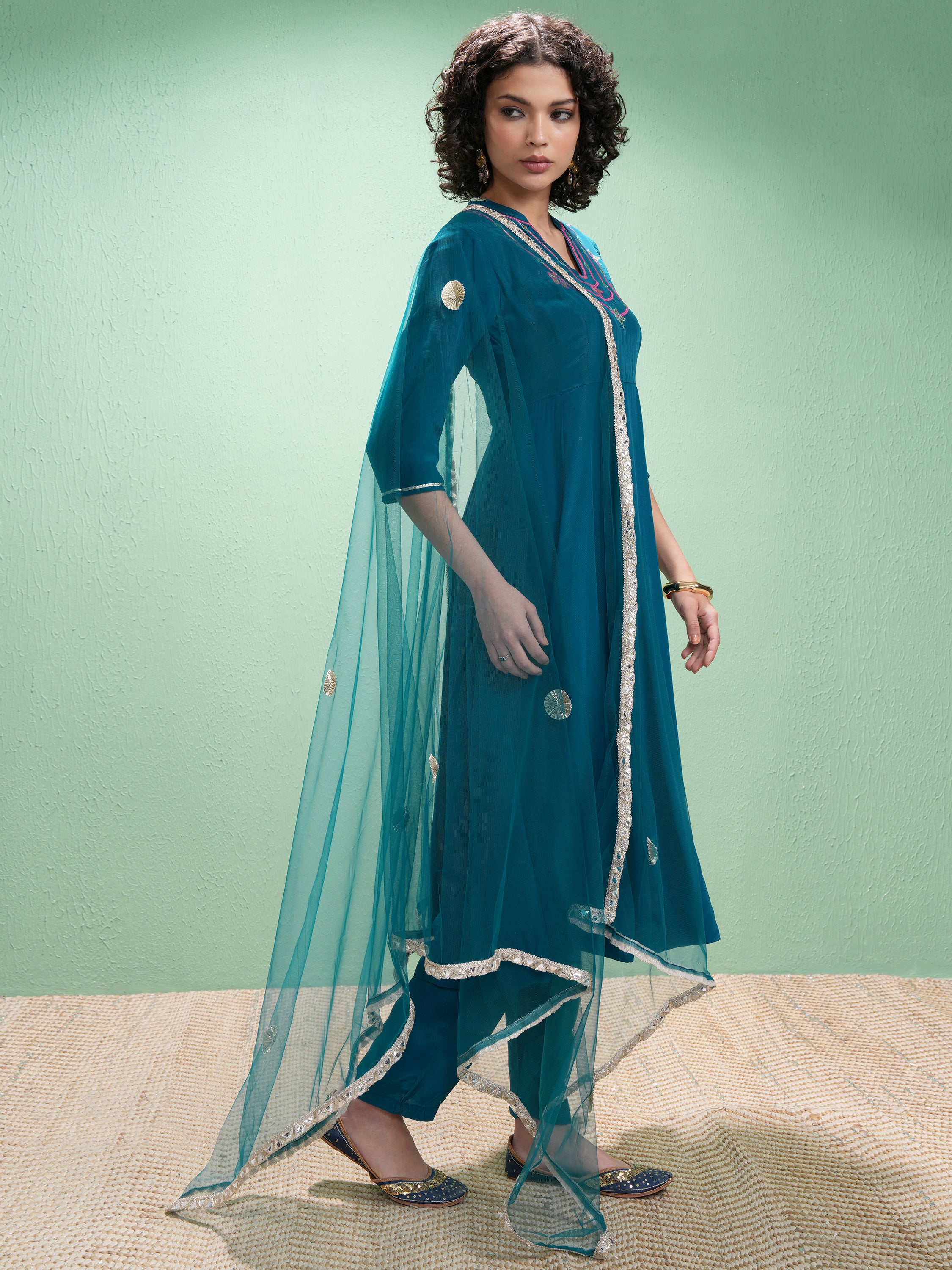Vishudh Women Teal Embroidered Kurta With Trouser And Dupatta - Teal - Image 6