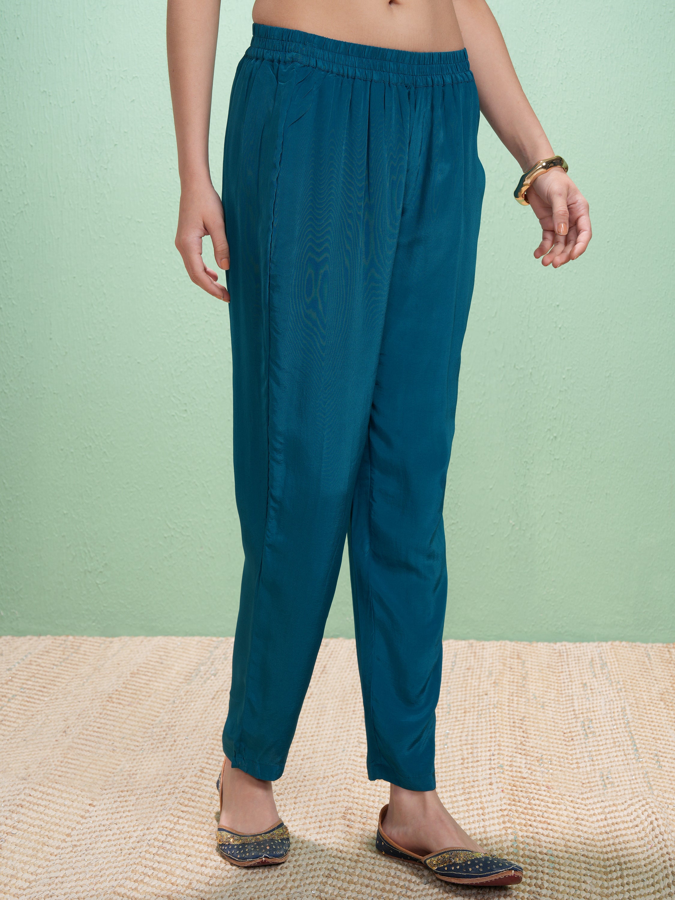 Vishudh Women Teal Embroidered Kurta With Trouser And Dupatta - Teal - Image 8
