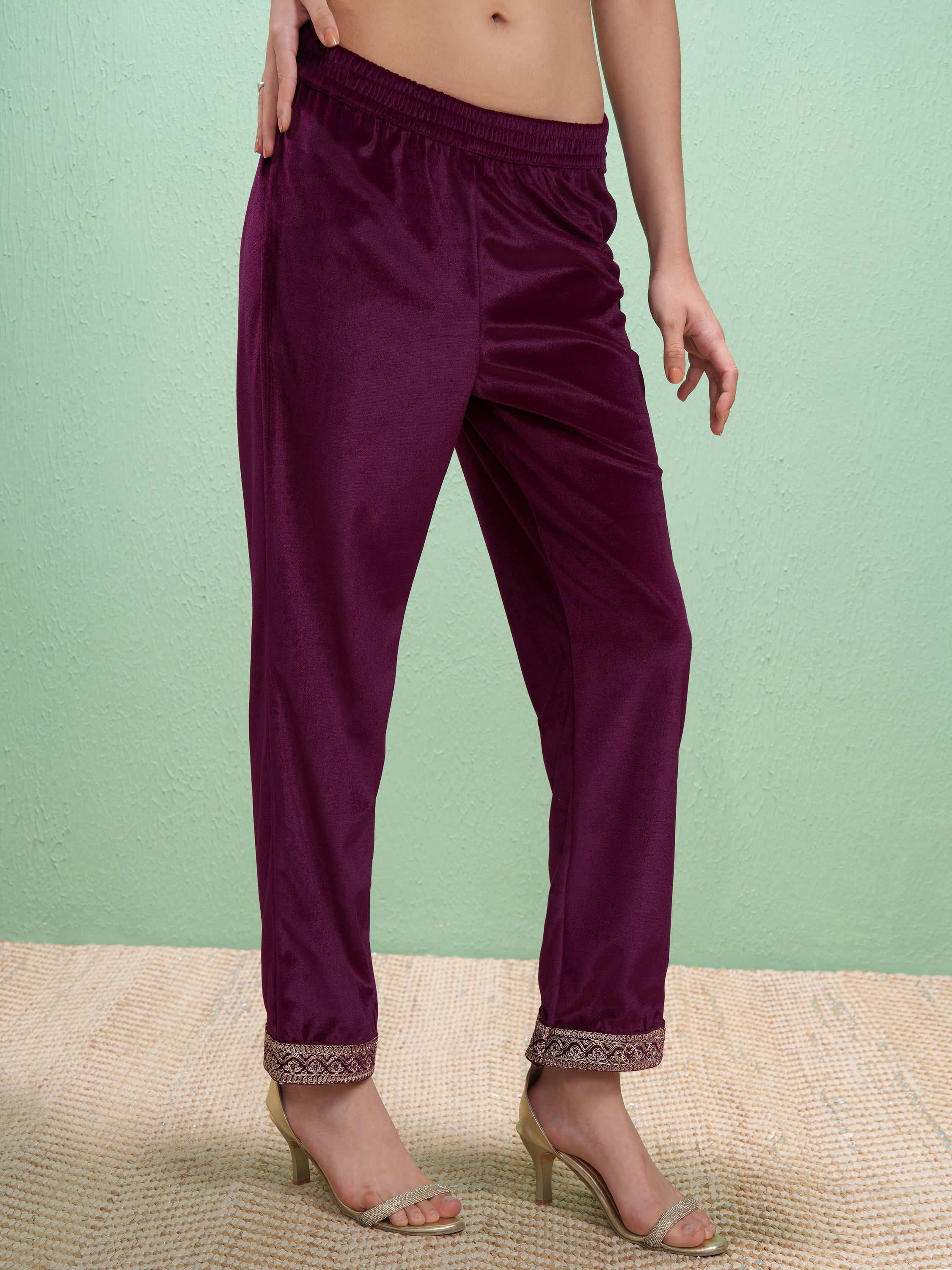 Vishudh Women Purple Embroidered Kurta With Trouser - Purple - Image 8