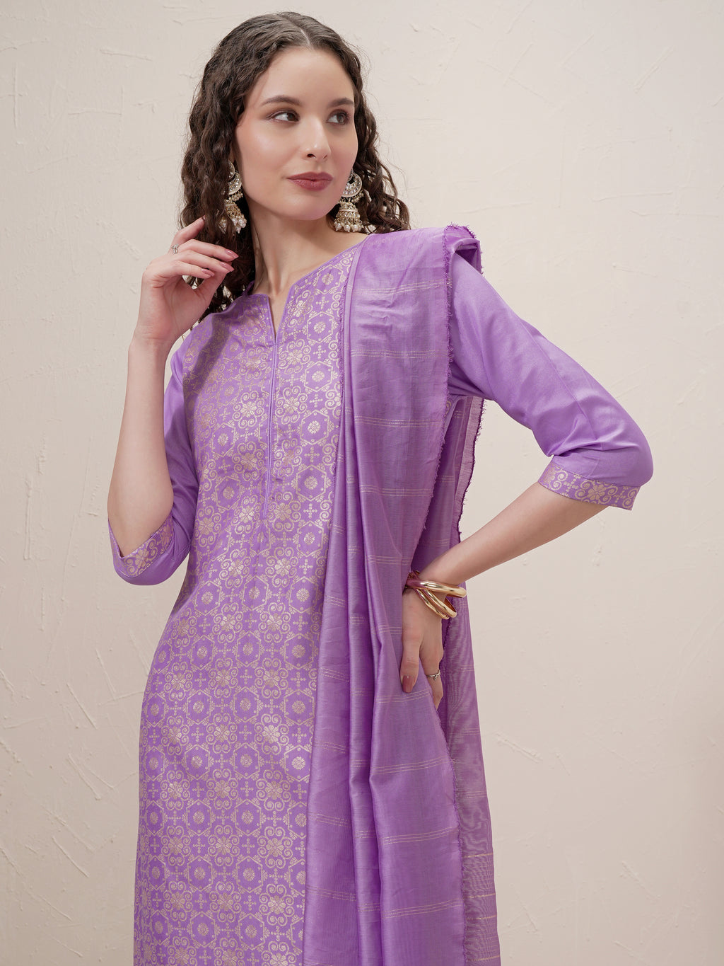 Vishudh Women Lavender Printed Kurta With Trouser And Dupatta - Lavender - Image 1