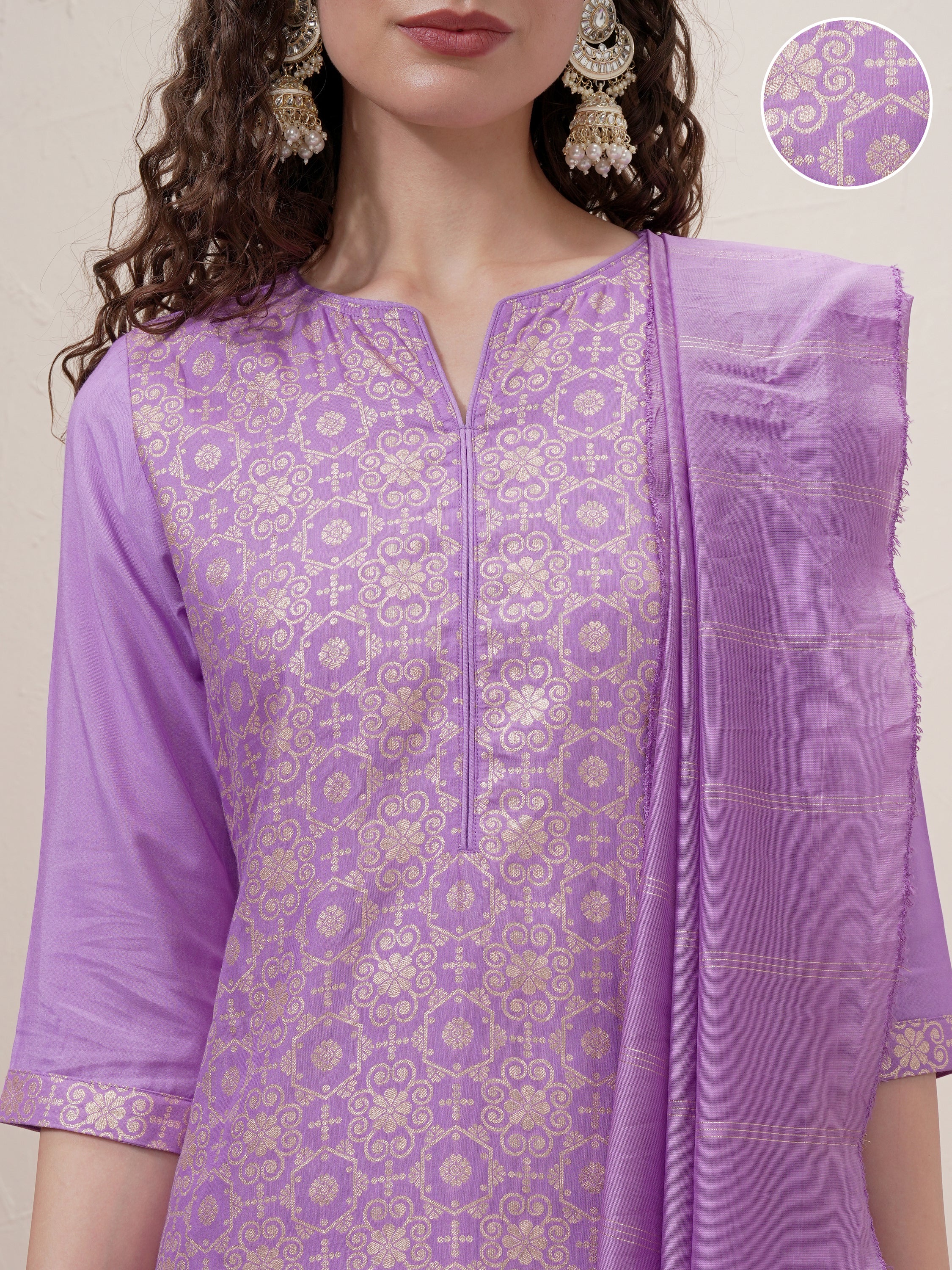 Vishudh Women Lavender Printed Kurta With Trouser And Dupatta - Lavender - Image 5