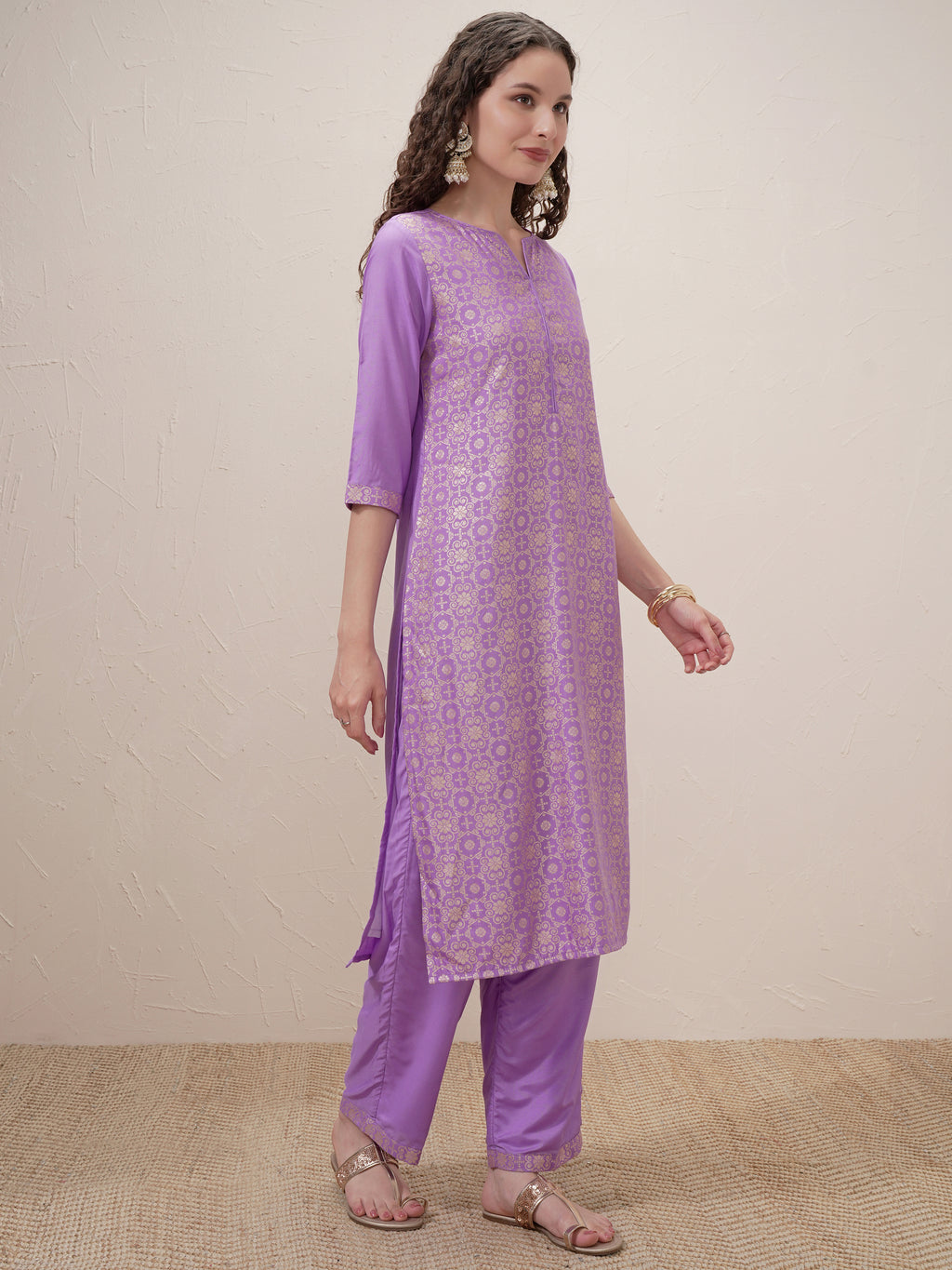 Vishudh Women Lavender Printed Kurta With Trouser And Dupatta - Lavender - Image 6