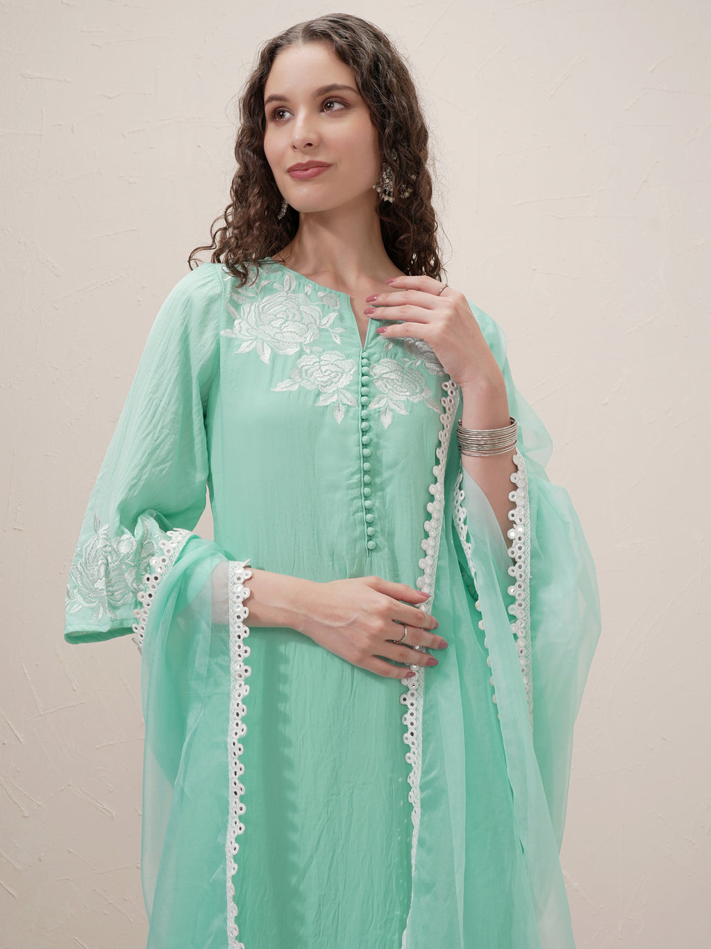 Vishudh Women Sage Embroidered Kurta With Trouser And Dupatta - Sage - Image 1