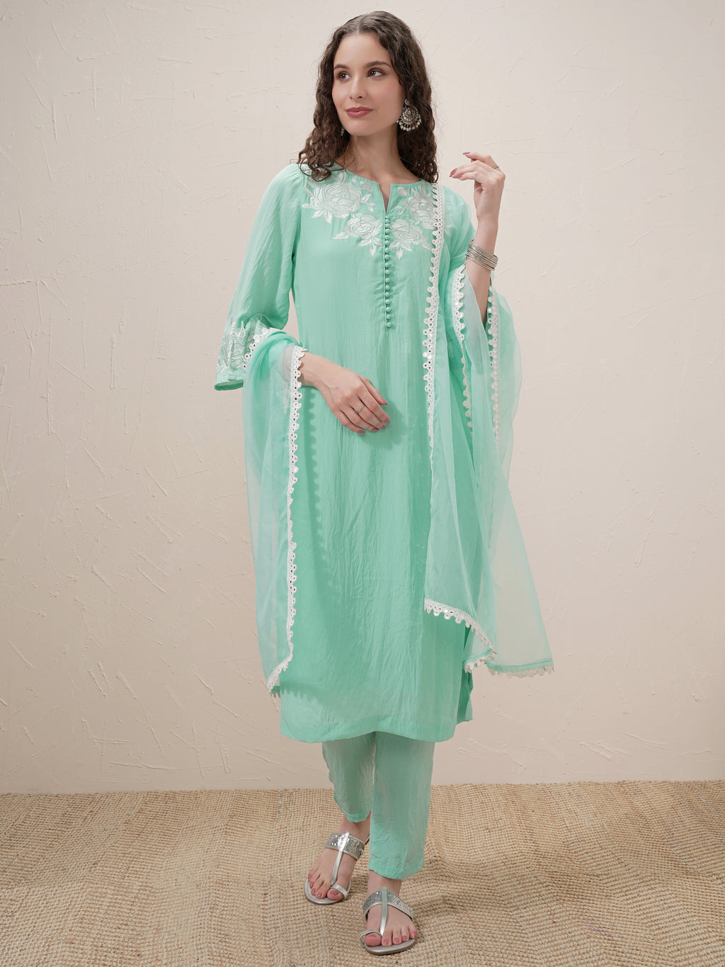 Vishudh Women Sage Embroidered Kurta With Trouser And Dupatta - Sage - Image 2