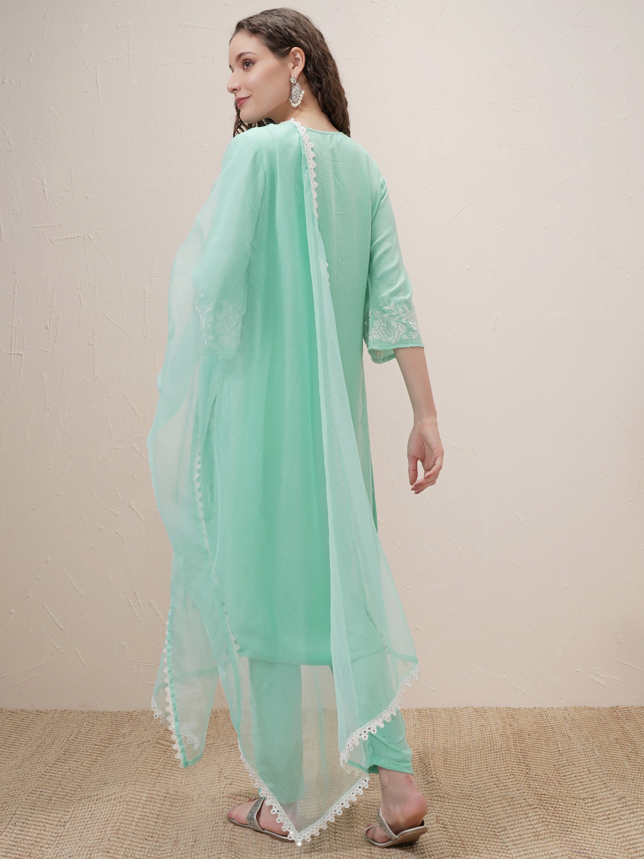 Vishudh Women Sage Embroidered Kurta With Trouser And Dupatta - Sage - Image 3