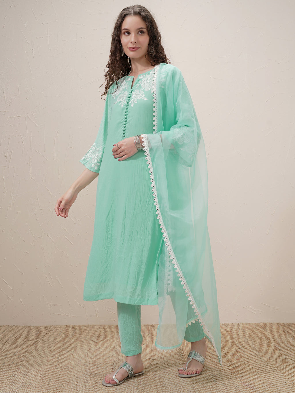 Vishudh Women Sage Embroidered Kurta With Trouser And Dupatta - Sage - Image 4