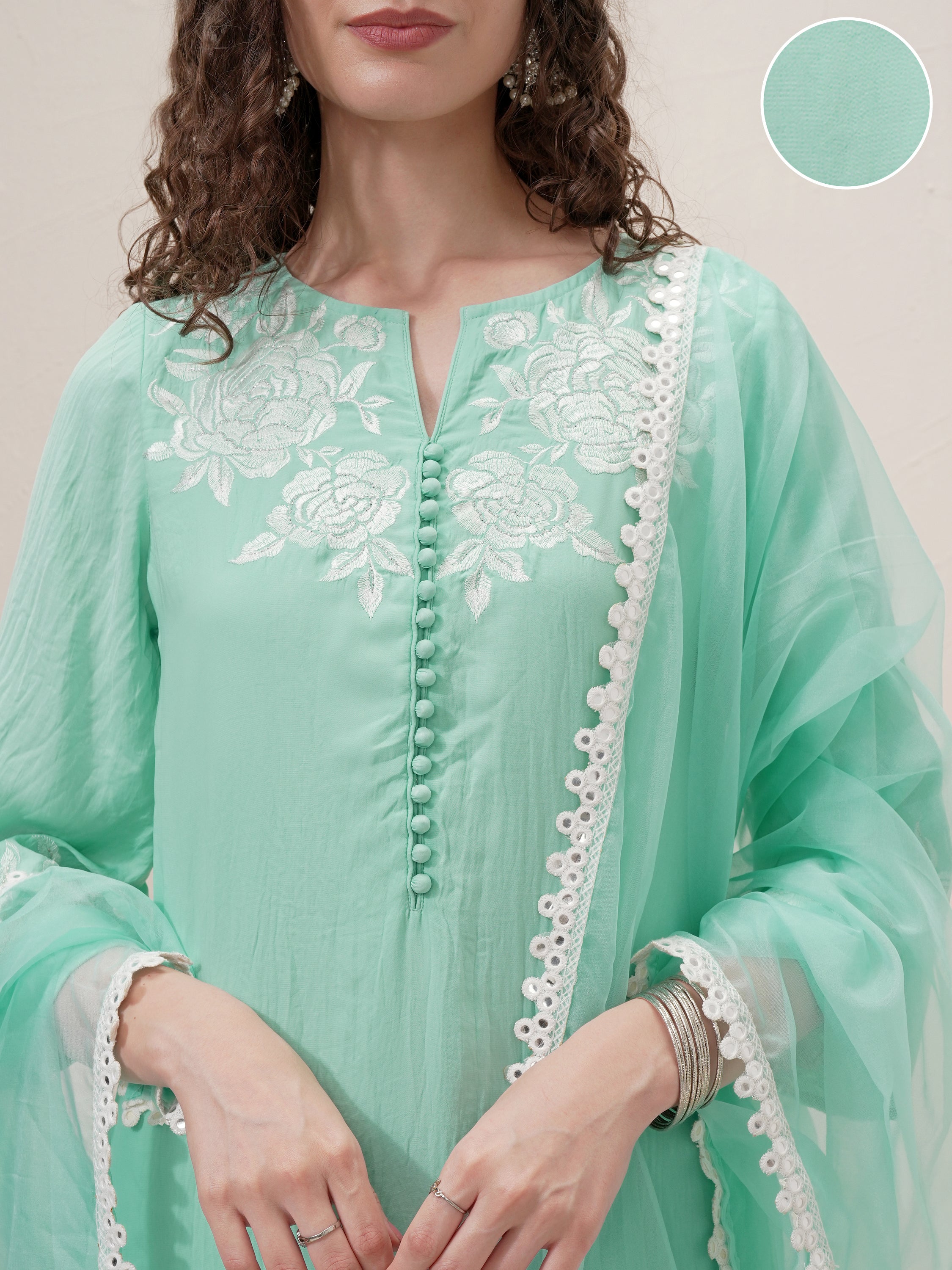 Vishudh Women Sage Embroidered Kurta With Trouser And Dupatta - Sage - Image 5