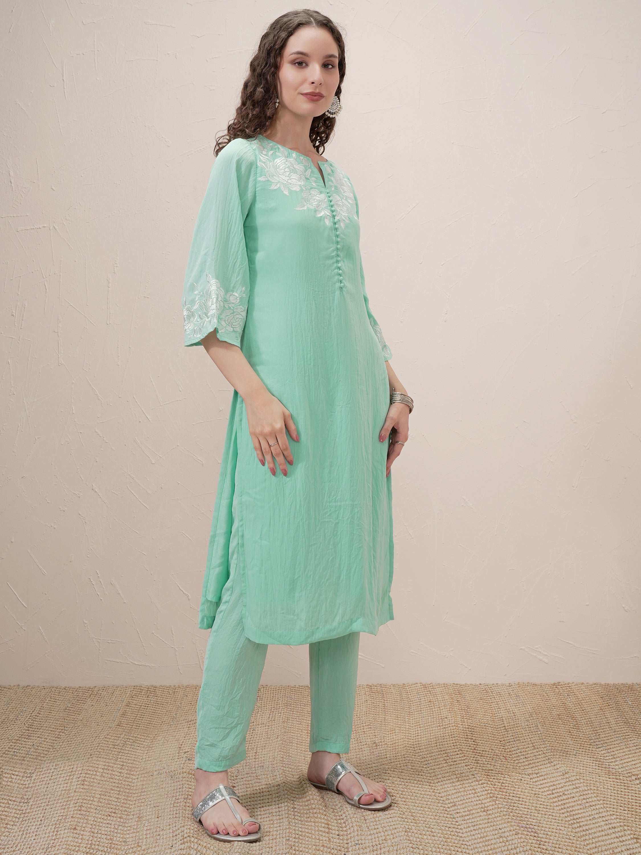 Vishudh Women Sage Embroidered Kurta With Trouser And Dupatta - Sage - Image 6