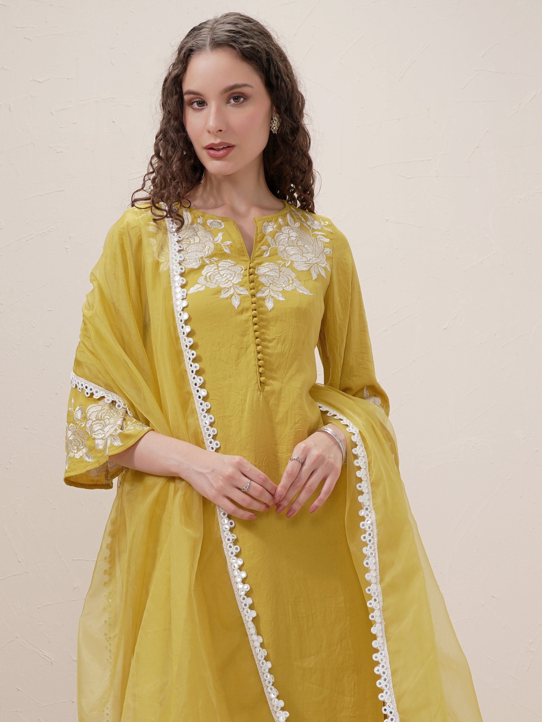 Vishudh Women Mustard Embroidered Kurta With Trouser And Dupatta - Mustard - Image 1