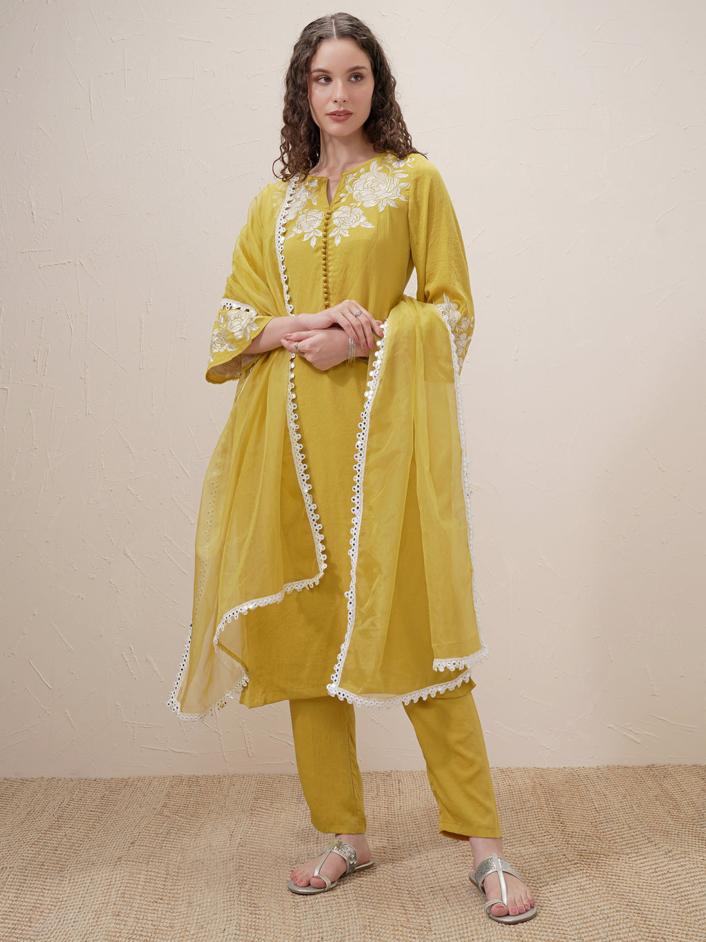 Vishudh Women Mustard Embroidered Kurta With Trouser And Dupatta - Mustard - Image 2