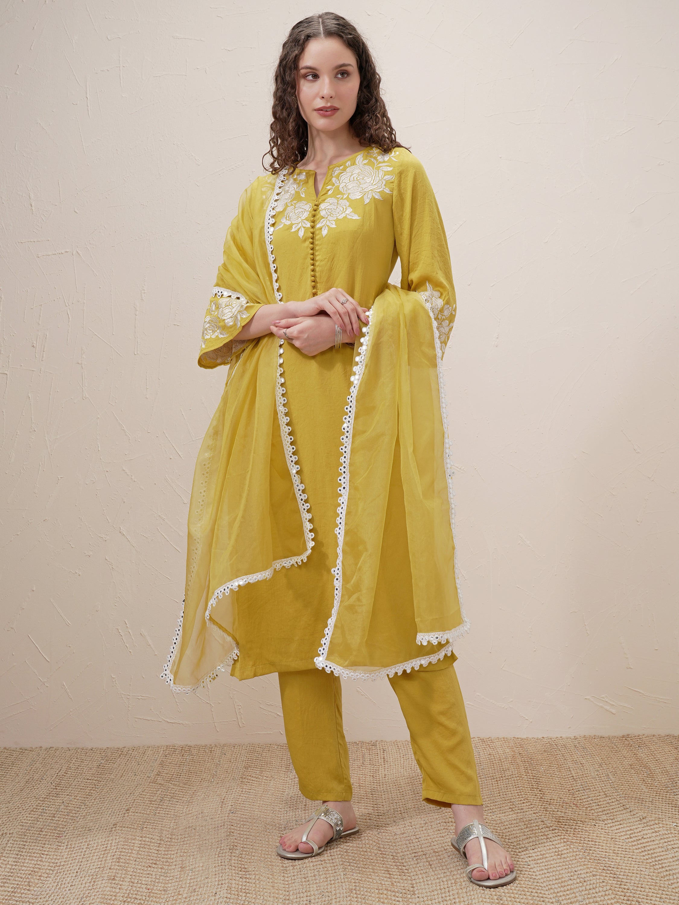 Vishudh Women Mustard Embroidered Kurta With Trouser And Dupatta - Mustard - Image 2