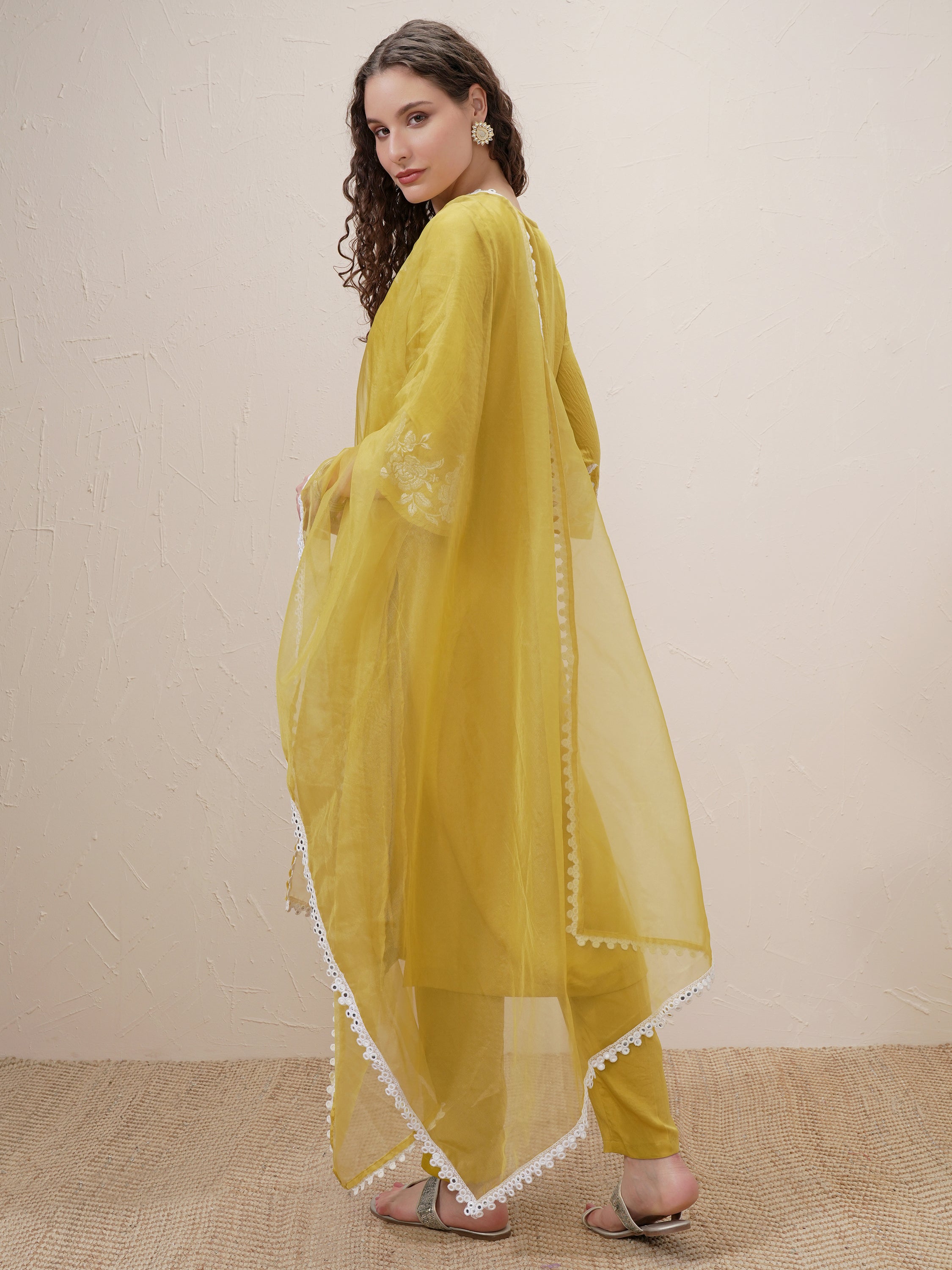 Vishudh Women Mustard Embroidered Kurta With Trouser And Dupatta - Mustard - Image 3