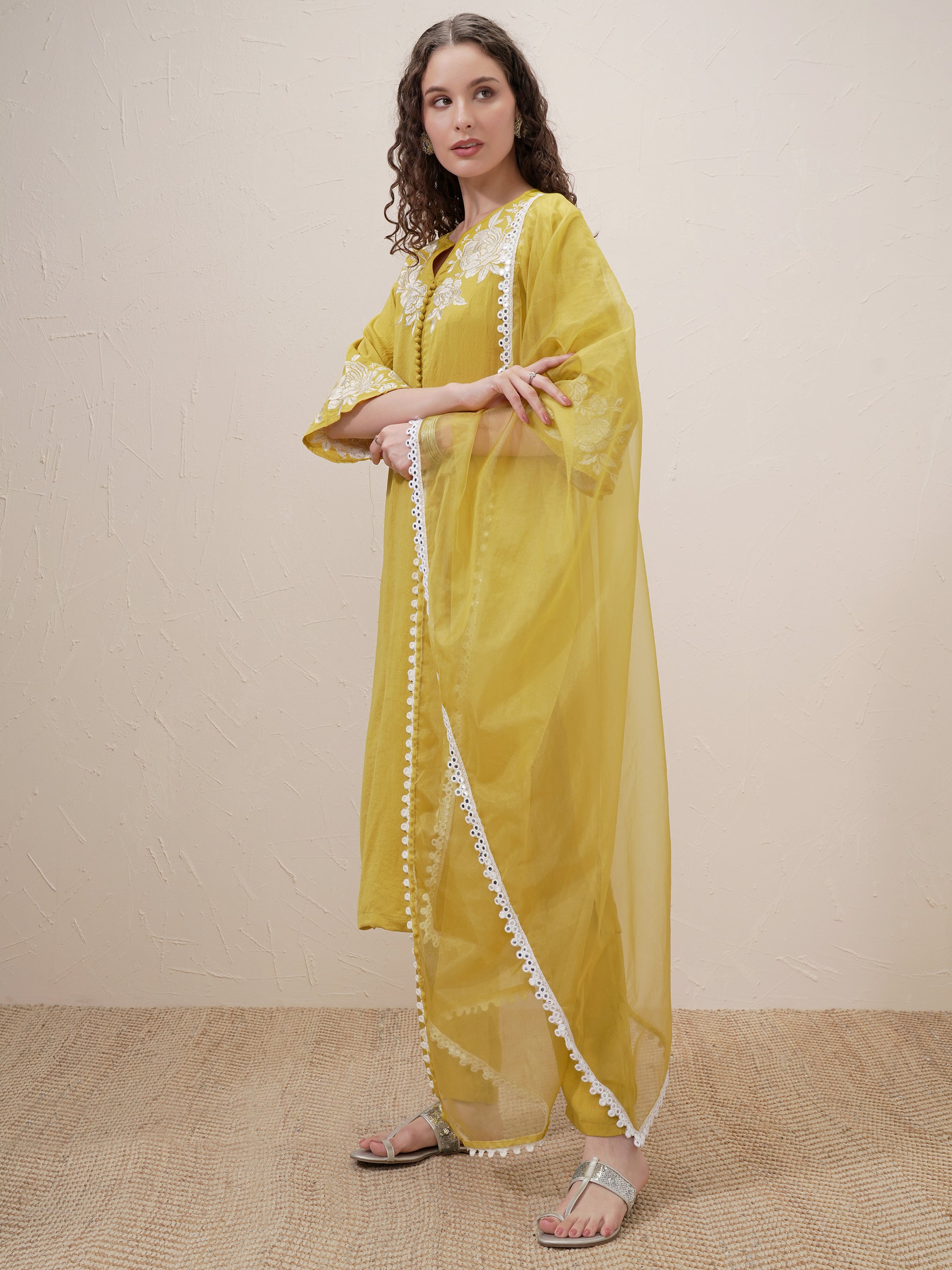 Vishudh Women Mustard Embroidered Kurta With Trouser And Dupatta - Mustard - Image 4