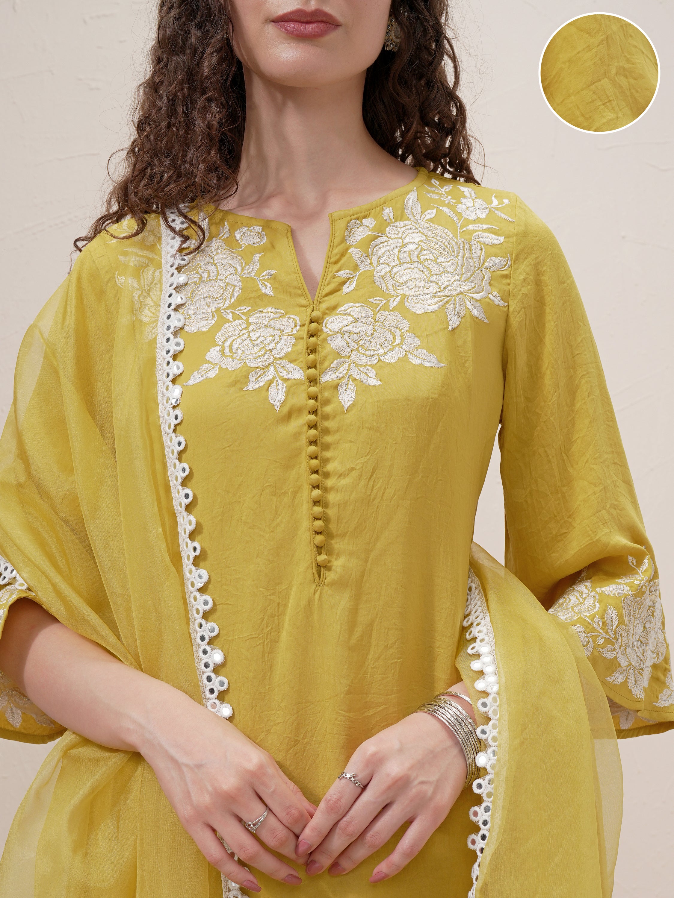 Vishudh Women Mustard Embroidered Kurta With Trouser And Dupatta - Mustard - Image 5