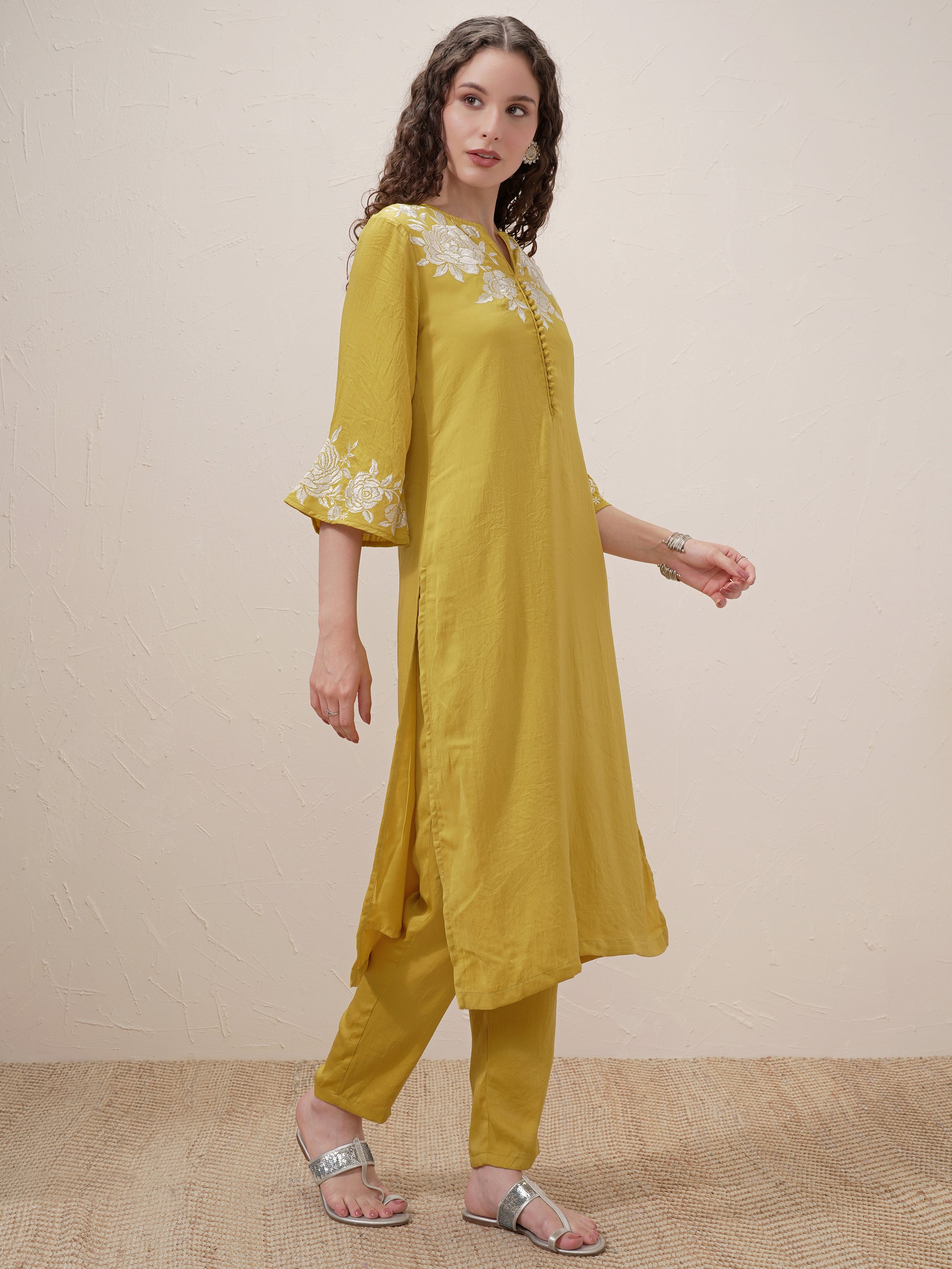 Vishudh Women Mustard Embroidered Kurta With Trouser And Dupatta - Mustard - Image 6