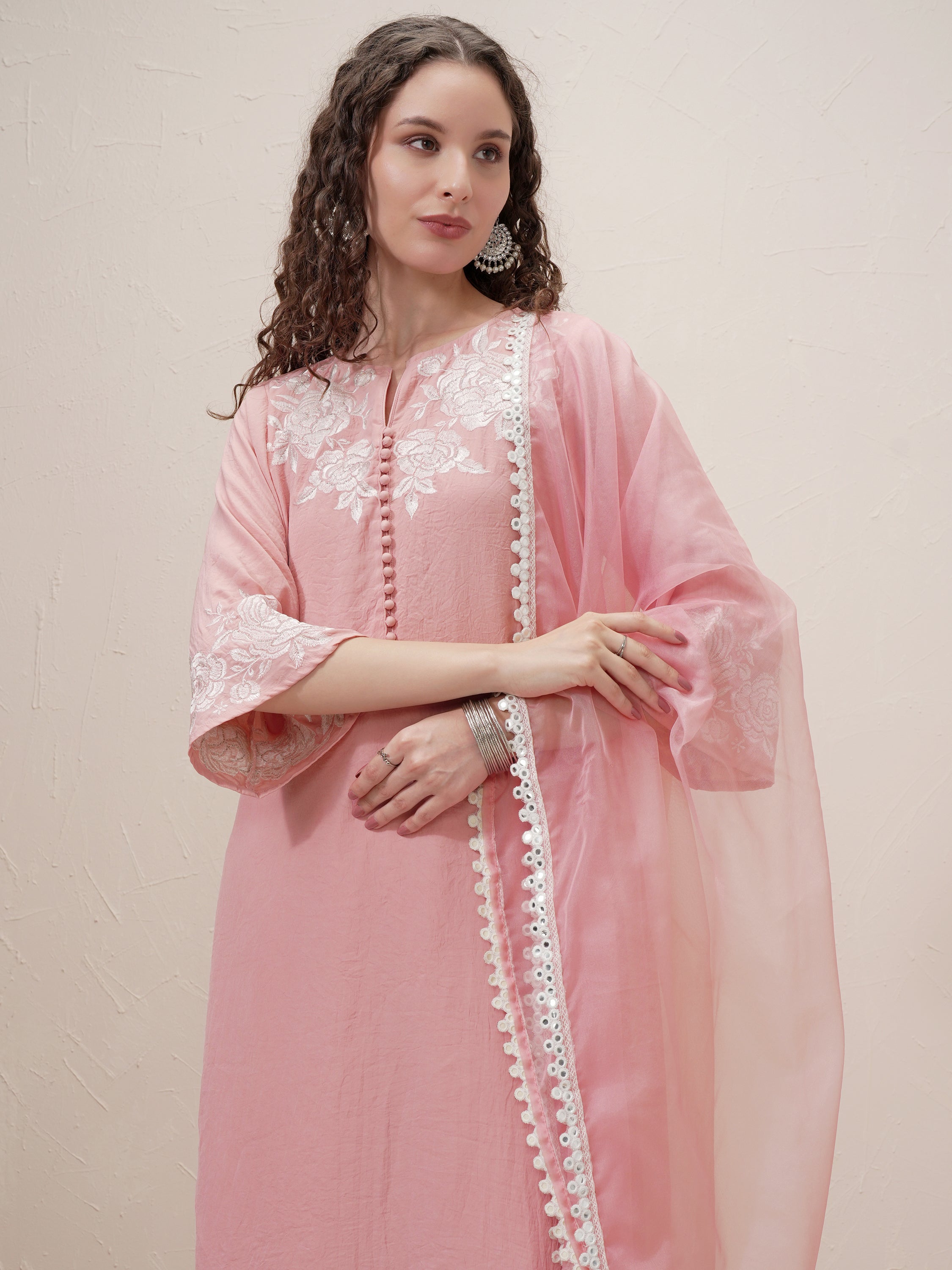 Vishudh Women Pink Embroidered Kurta With Trouser And Dupatta - Pink - Image 1