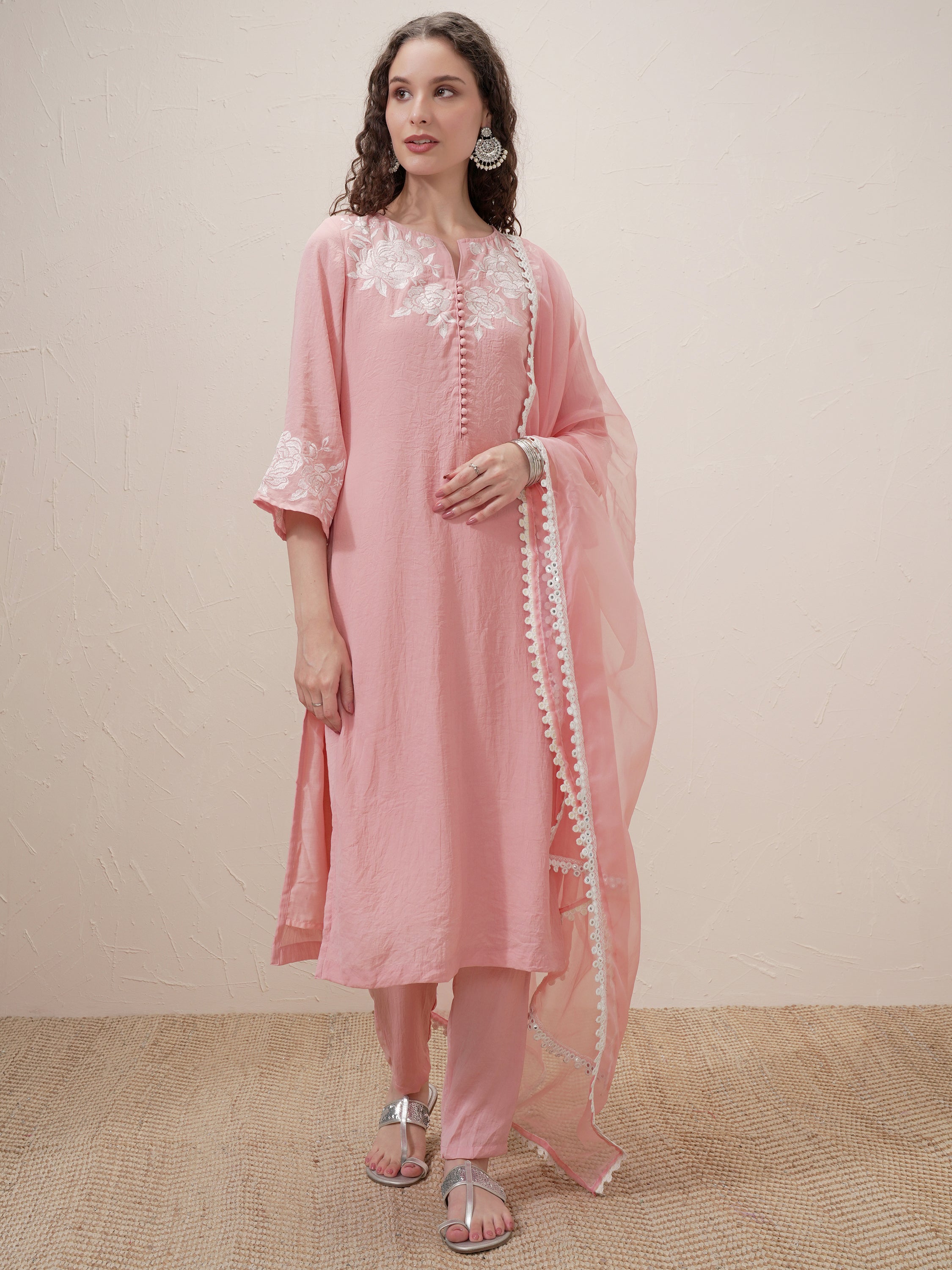 Vishudh Women Pink Embroidered Kurta With Trouser And Dupatta - Pink - Image 2