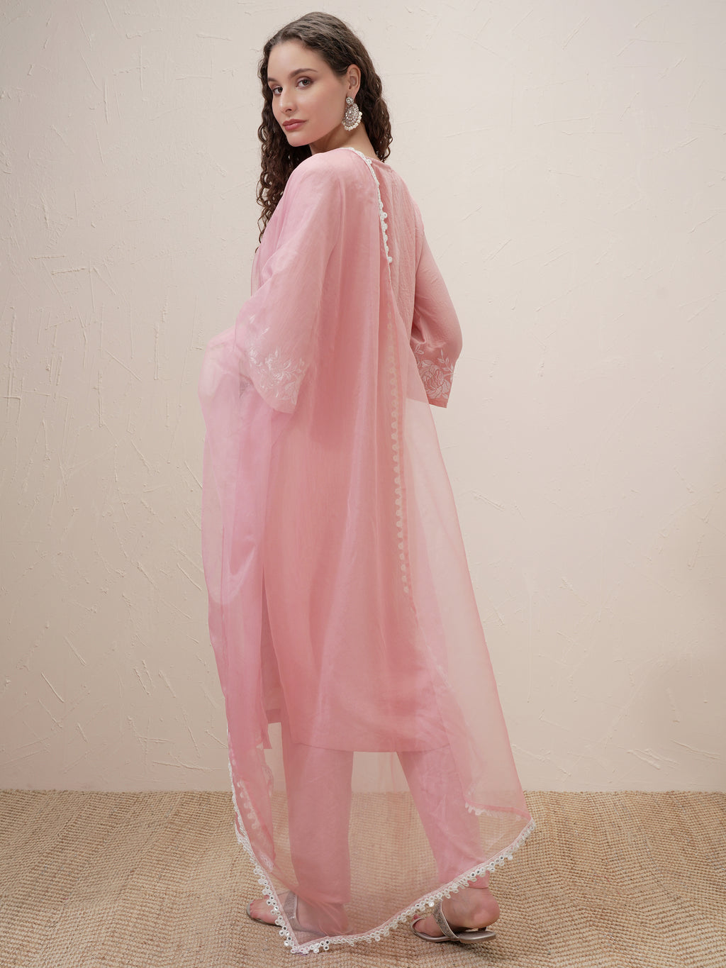 Vishudh Women Pink Embroidered Kurta With Trouser And Dupatta - Pink - Image 3
