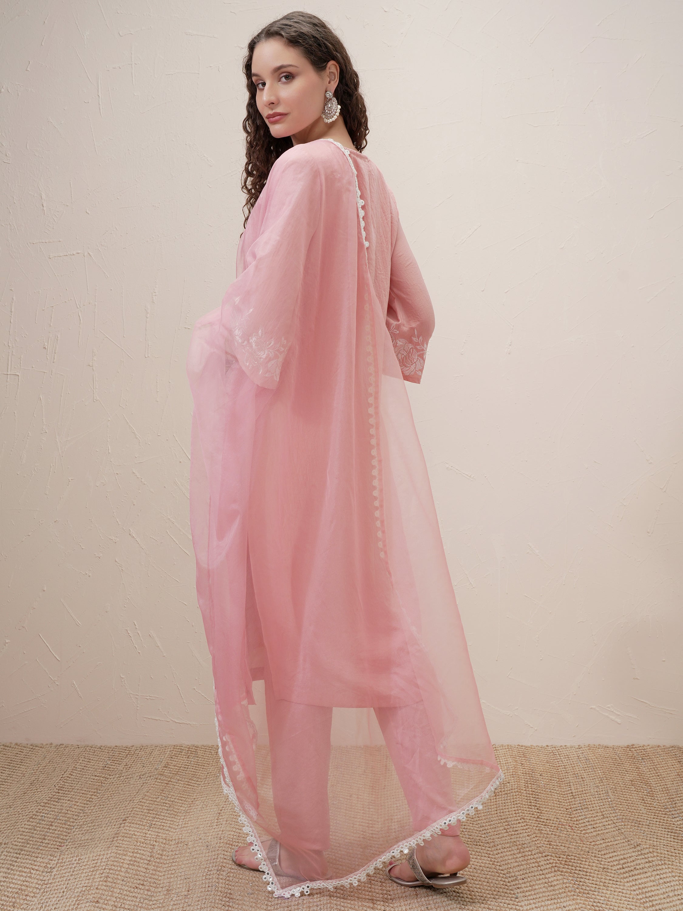 Vishudh Women Pink Embroidered Kurta With Trouser And Dupatta - Pink - Image 3