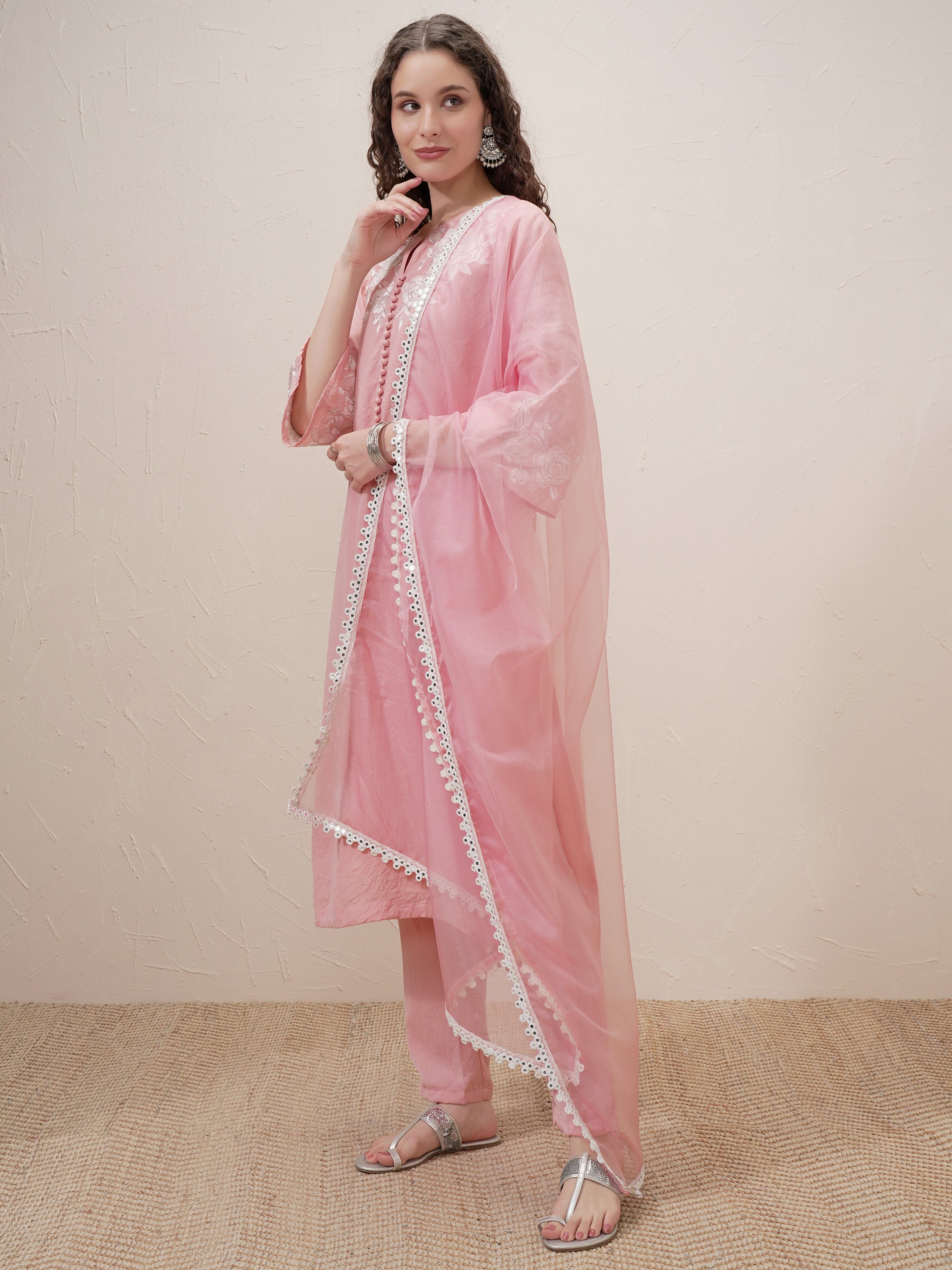 Vishudh Women Pink Embroidered Kurta With Trouser And Dupatta - Pink - Image 4